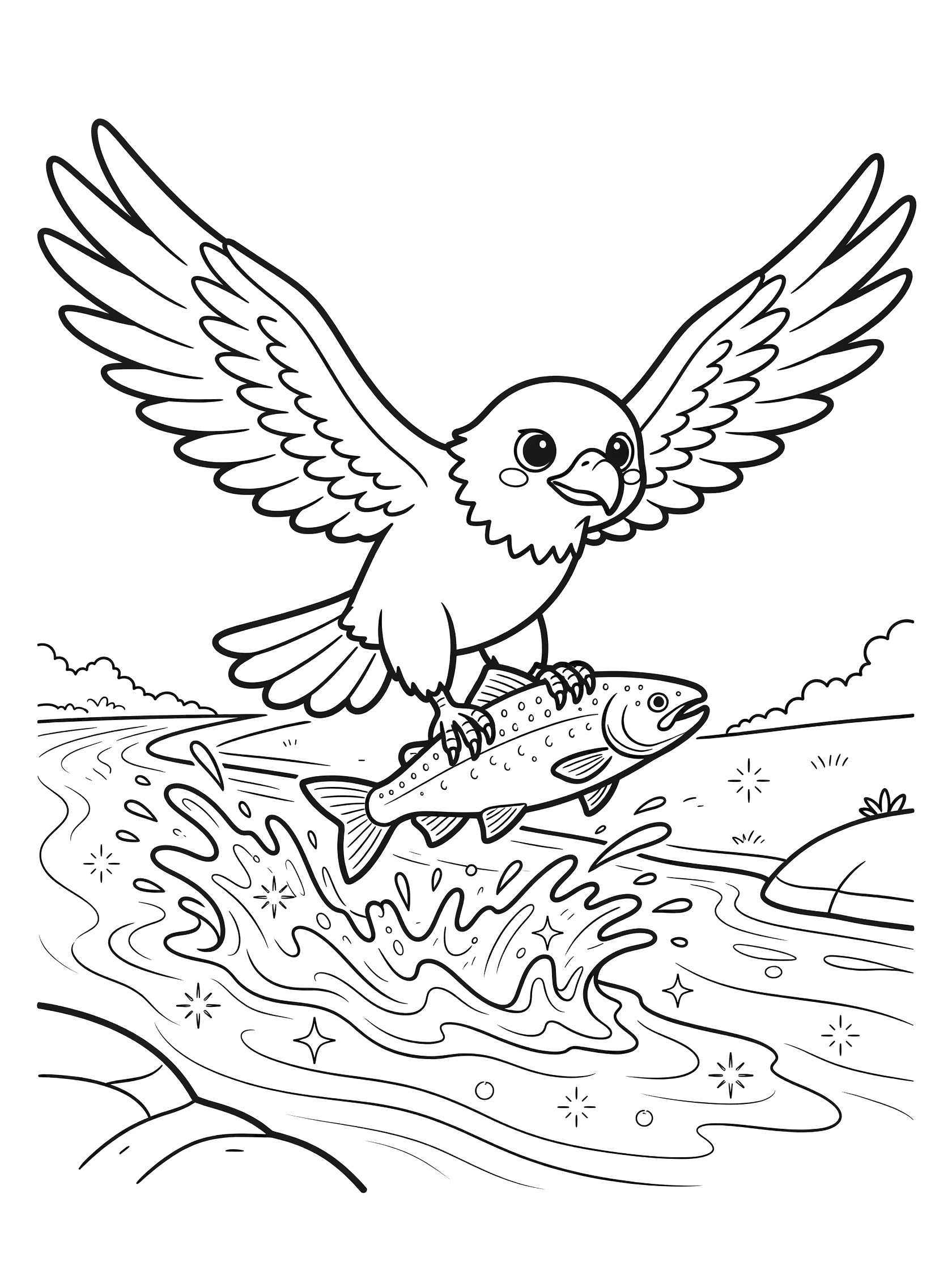 Black and white line art coloring page showing a kawaii bald eagle clutching a salmon in its talons while flying over wavy stream water with splashes.