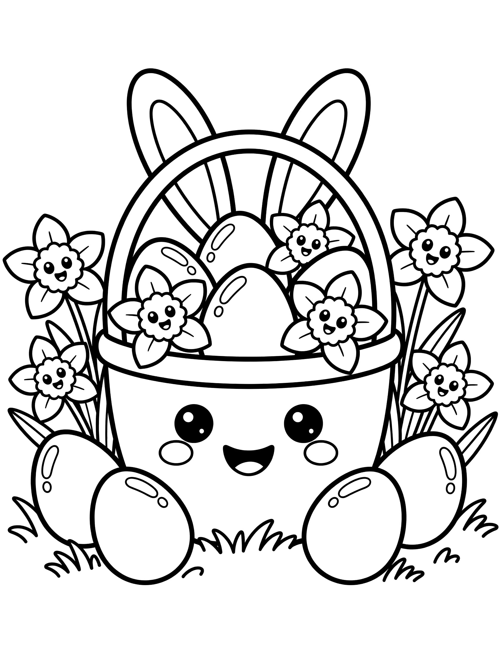 Black and white kawaii Easter basket with big eyes, smile, bunny ear handles, eggs, daffodils with faces, and grass for easy coloring
