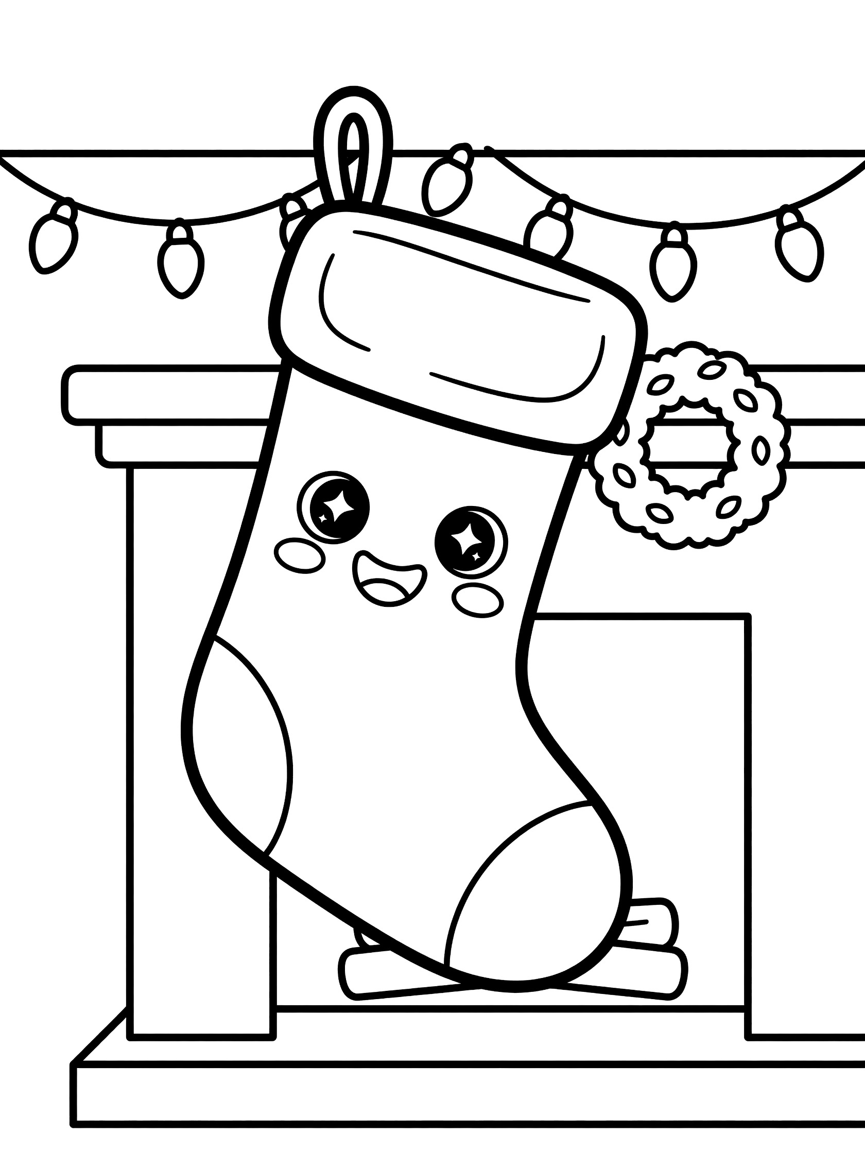 Cute kawaii empty Christmas stocking with sparkling eyes and open mouth hanging playfully from mantel with holiday lights and wreath above cozy fireplace, line art coloring page.