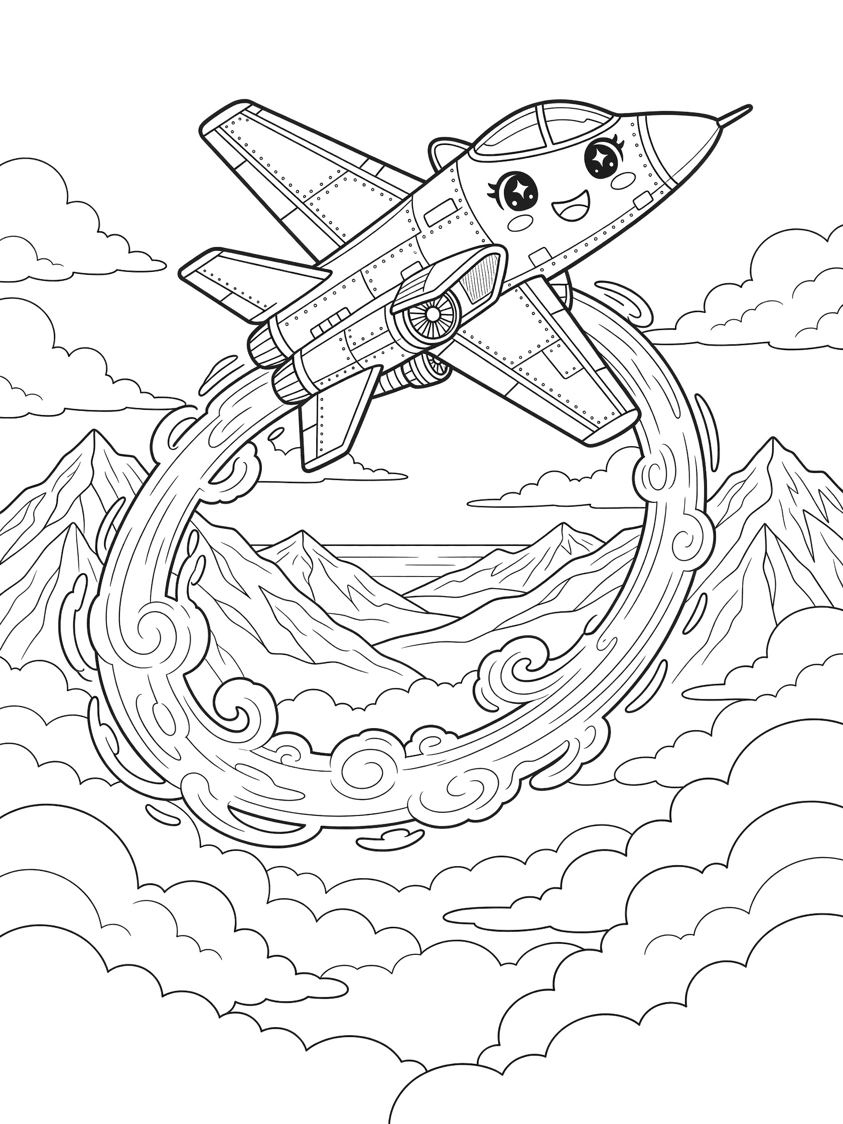 Cute kawaii fighter jet upside down mid-loop-de-loop with sparkling eyes and grin, wings tilted, vapor trail swirling behind, fluffy clouds, and distant mountains coloring page