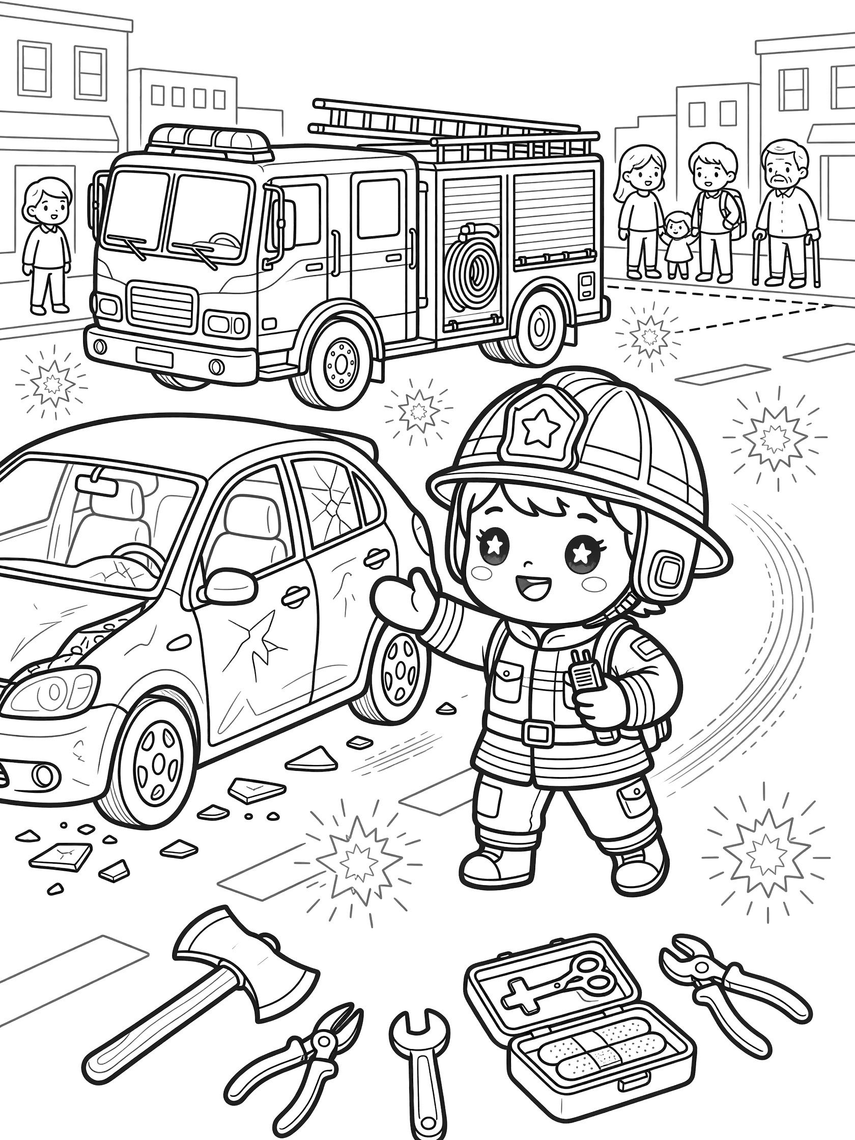 Black and white coloring page of a kawaii firefighter at a car accident scene with damaged cars, fire truck, flares, axe, medical kit, and bystanders.