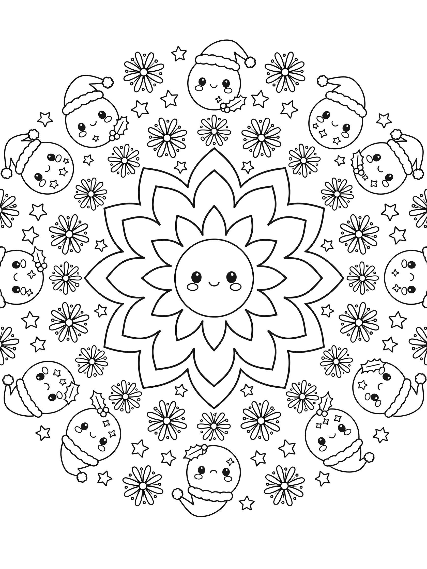 Kawaii smiling sun floral sunburst mandala coloring page with Santa faces, flowers, and stars, black and white printable for kids.
