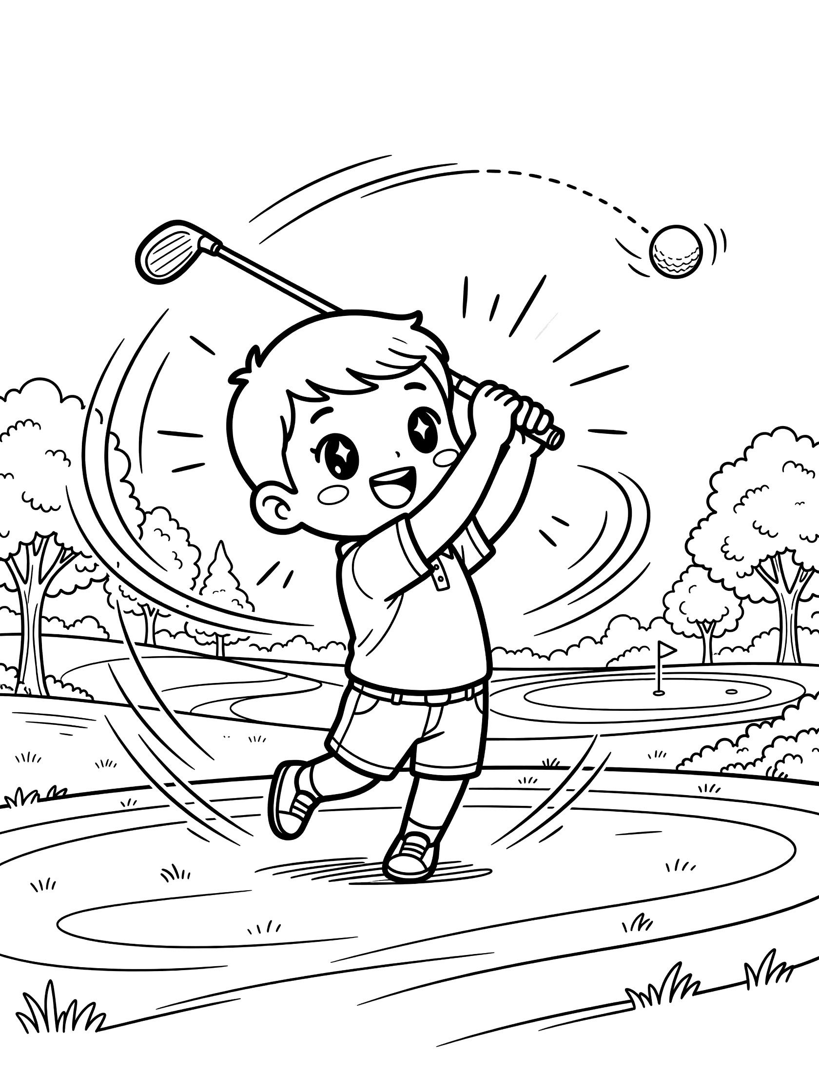 Cute kawaii-style boy golfer jumping in celebration holding golf driver, ball landing far on fairway near trees, motion lines and stars for excitement