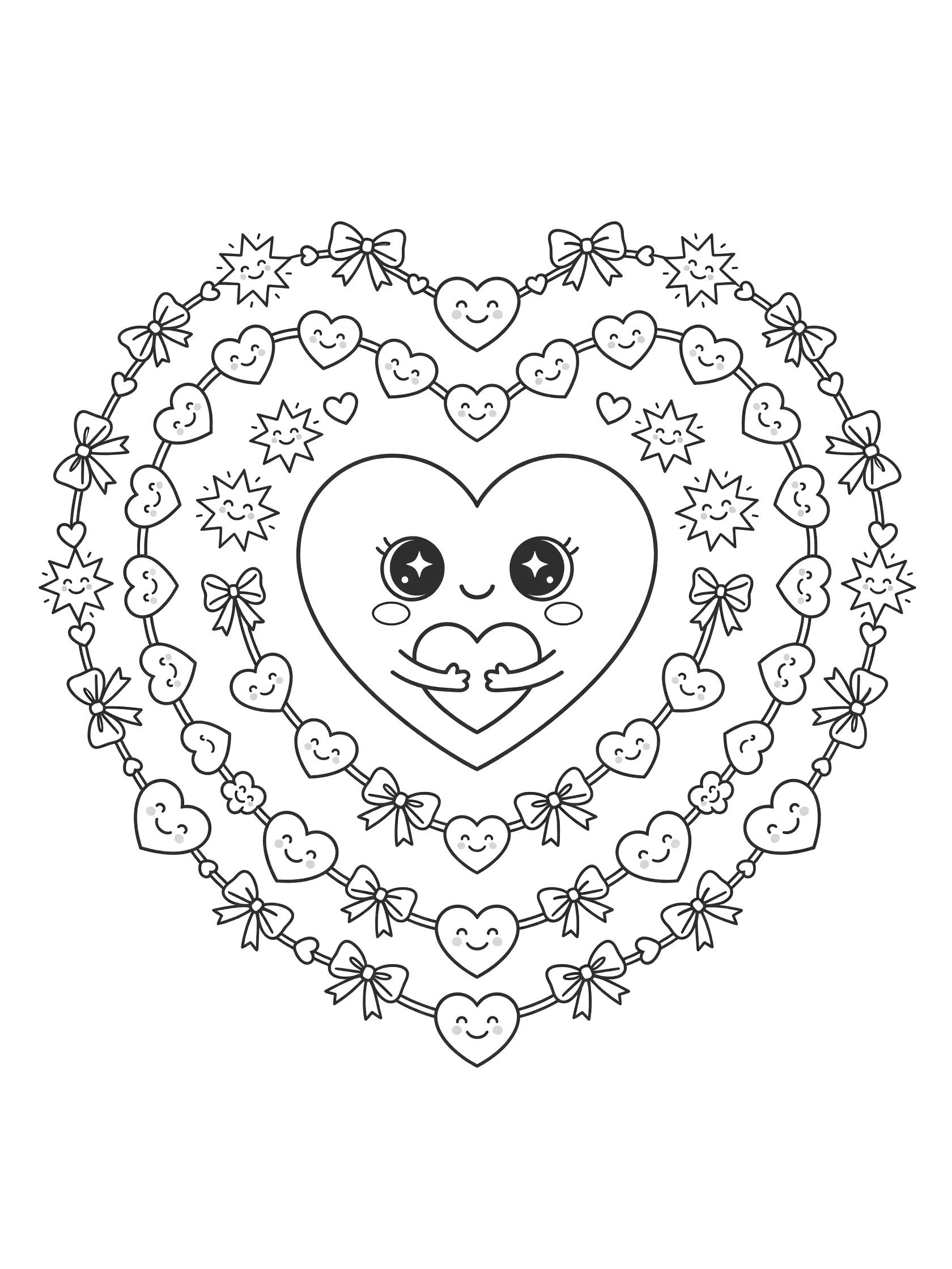 Black and white line art of a symmetrical kawaii heart mandala featuring a central cute heart with big eyes and blushing cheeks hugging a tiny heart, framed by layered hearts, ribbon bows, and starbursts.
