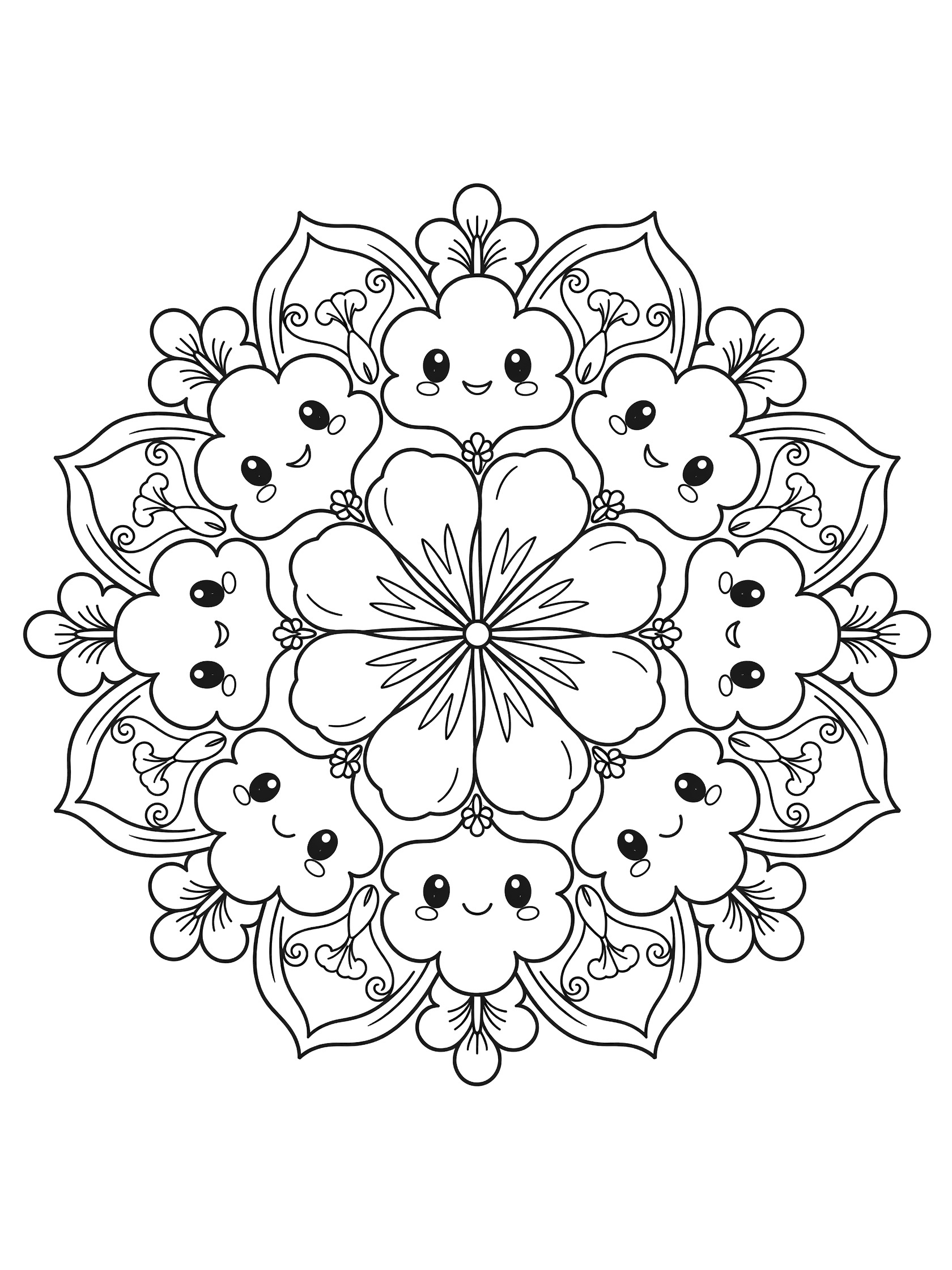 Black and white printable Hibiscus Mandala coloring page featuring symmetric kawaii-style flower with big-eyed smiling petals, leaf swirls, and buds.