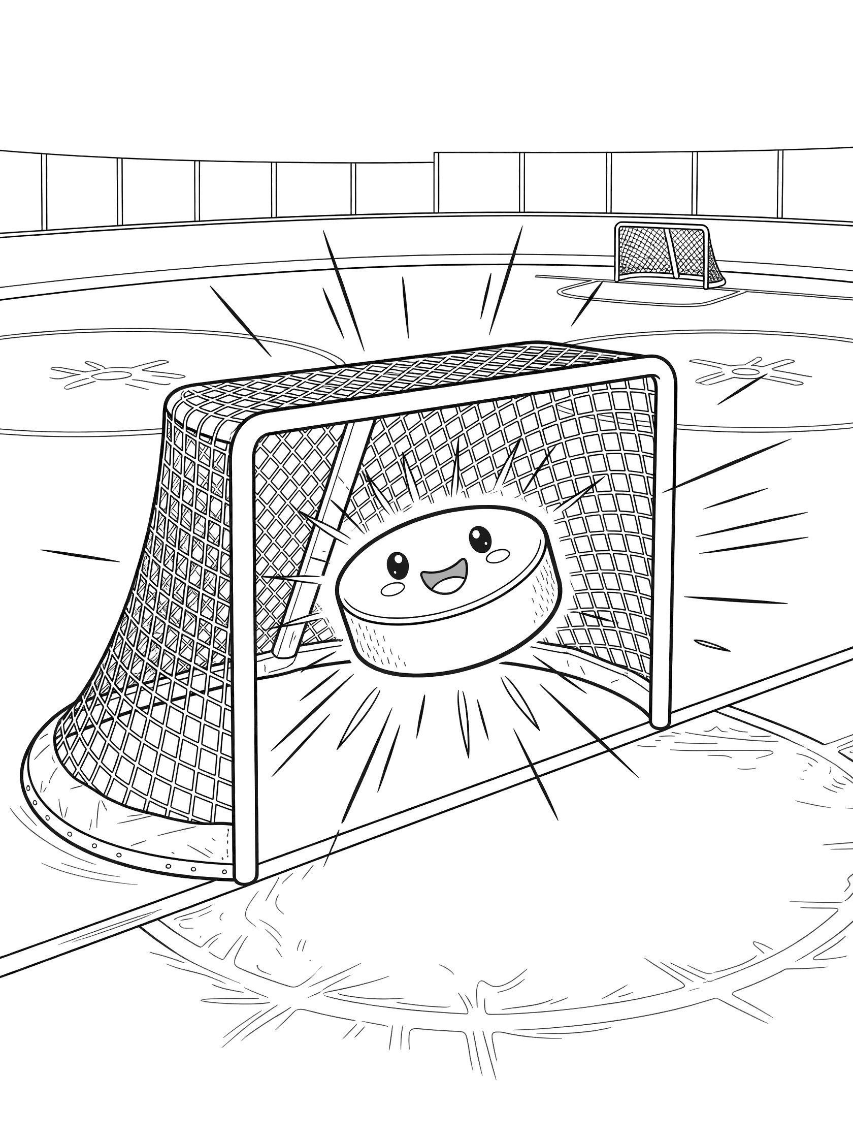 Black-and-white line art coloring page showing a cute kawaii hockey puck dramatically bursting through the mesh twine of a hockey net with motion lines and ice tracks.
