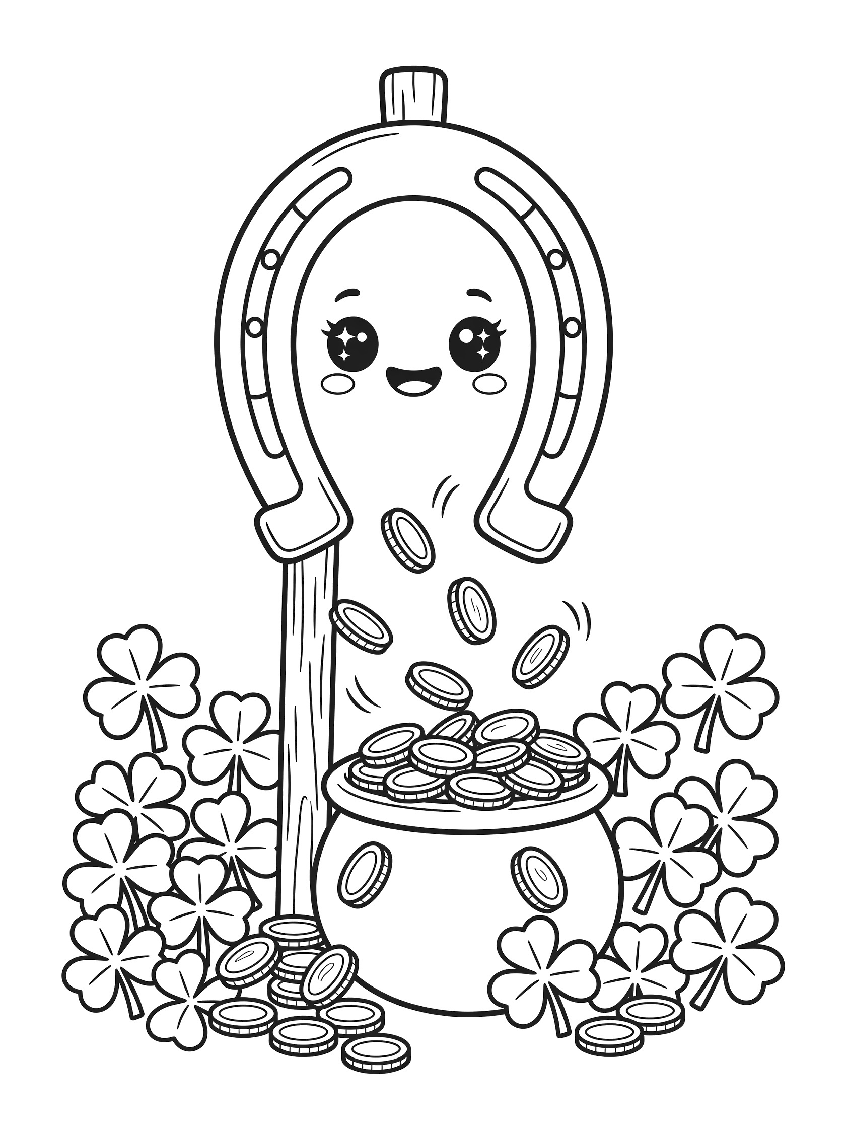 Black and white line art coloring page of a cute smiling horseshoe hanging on a post above a pot of gold coins and shamrocks for St. Patrick's Day