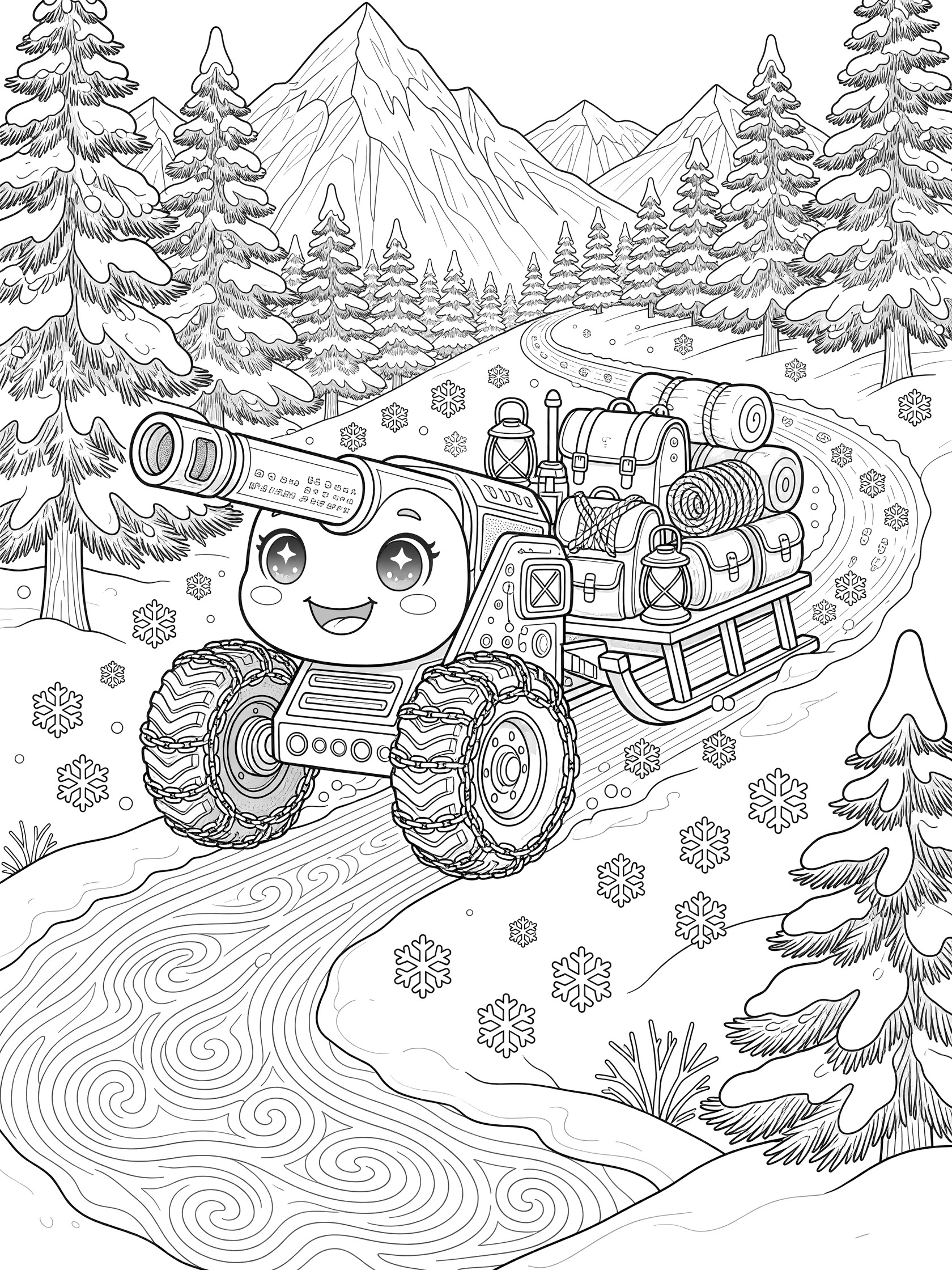 Cute kawaii howitzer artillery vehicle with sparkling eyes and rosy cheeks towing a loaded sled on snow chains up a steep snowy mountain path, surrounded by snowflakes, pine trees, and peaks.