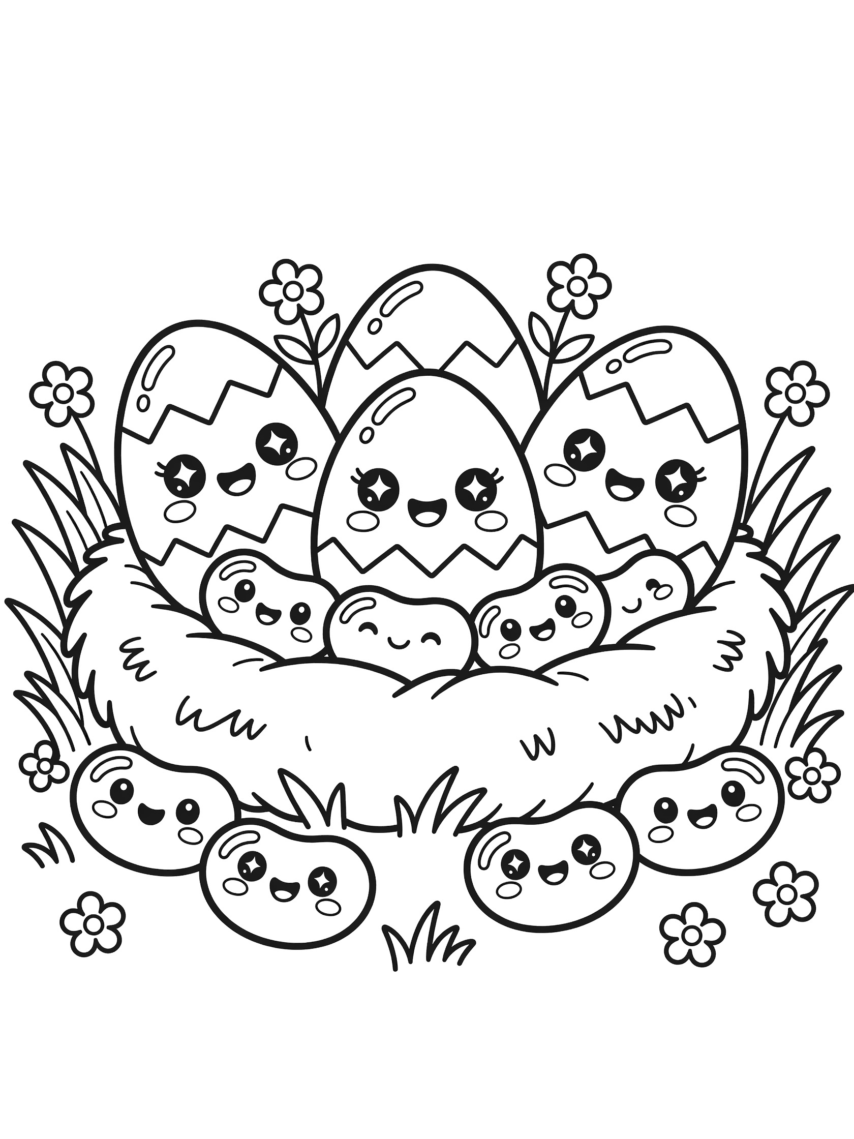 Black and white printable coloring page showing three kawaii Easter eggs cracked open in a grass nest with jelly beans spilling out, all with sparkling eyes, rosy cheeks, and smiles, surrounded by grass and tiny flowers.