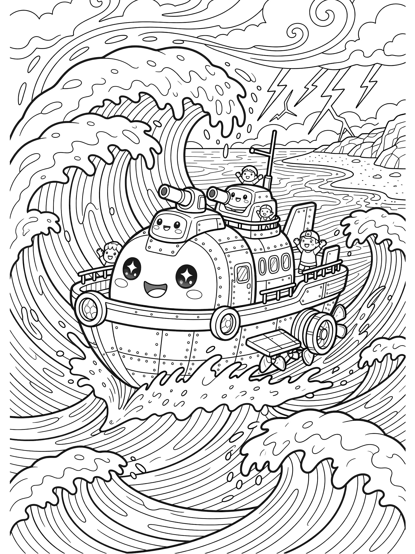 Adorable chibi landing craft coloring page showing the cute boat with rosy cheeks, sparkling eyes, and cannons facing big curling waves, foam splashes, lightning, and a rugged shore.