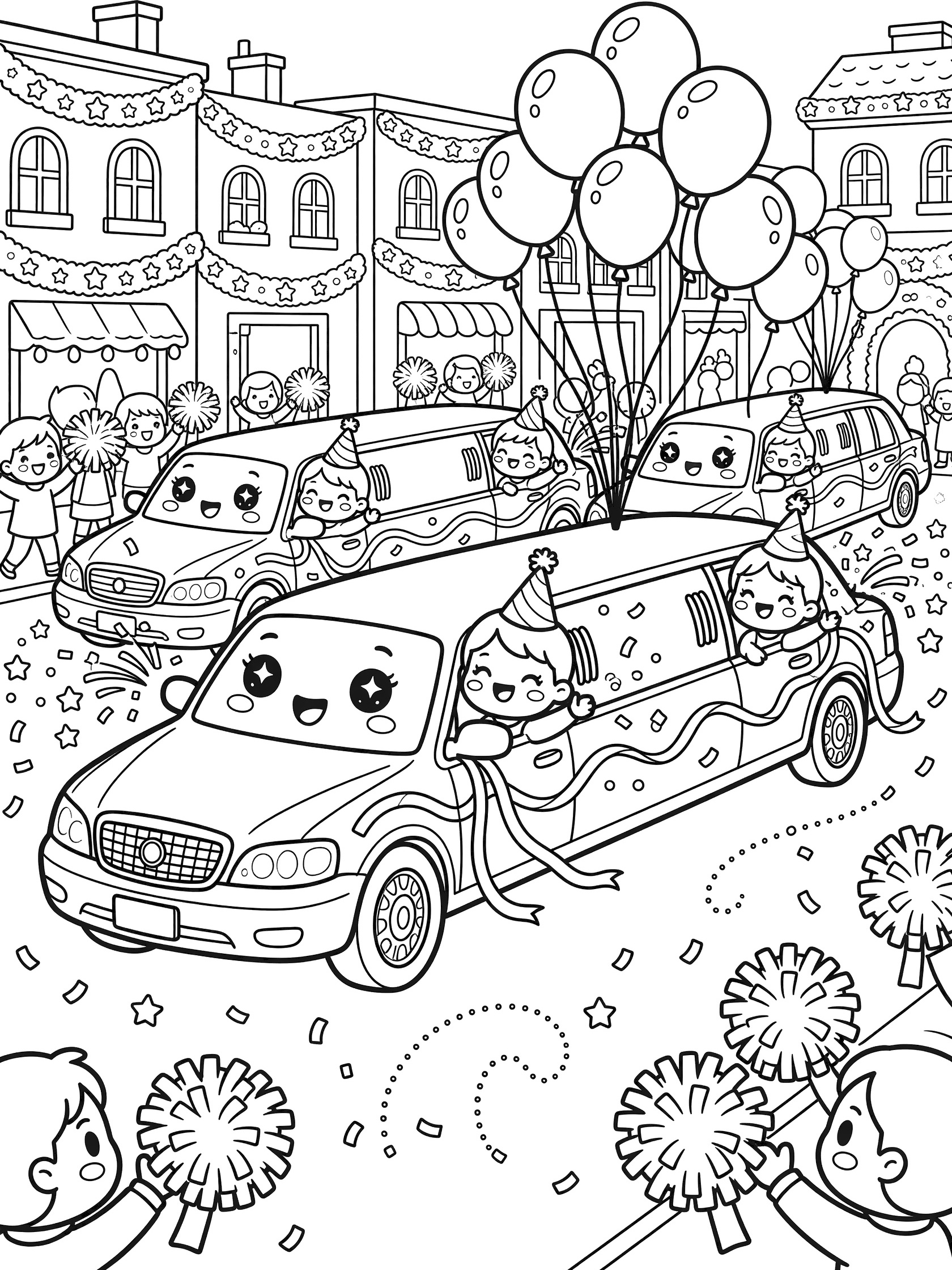 Black and white coloring page of a chibi limousine parade featuring three adorable limousines with sparkling eyes and smiles, balloons, party hats, confetti, holiday garlands, and marching crowds.