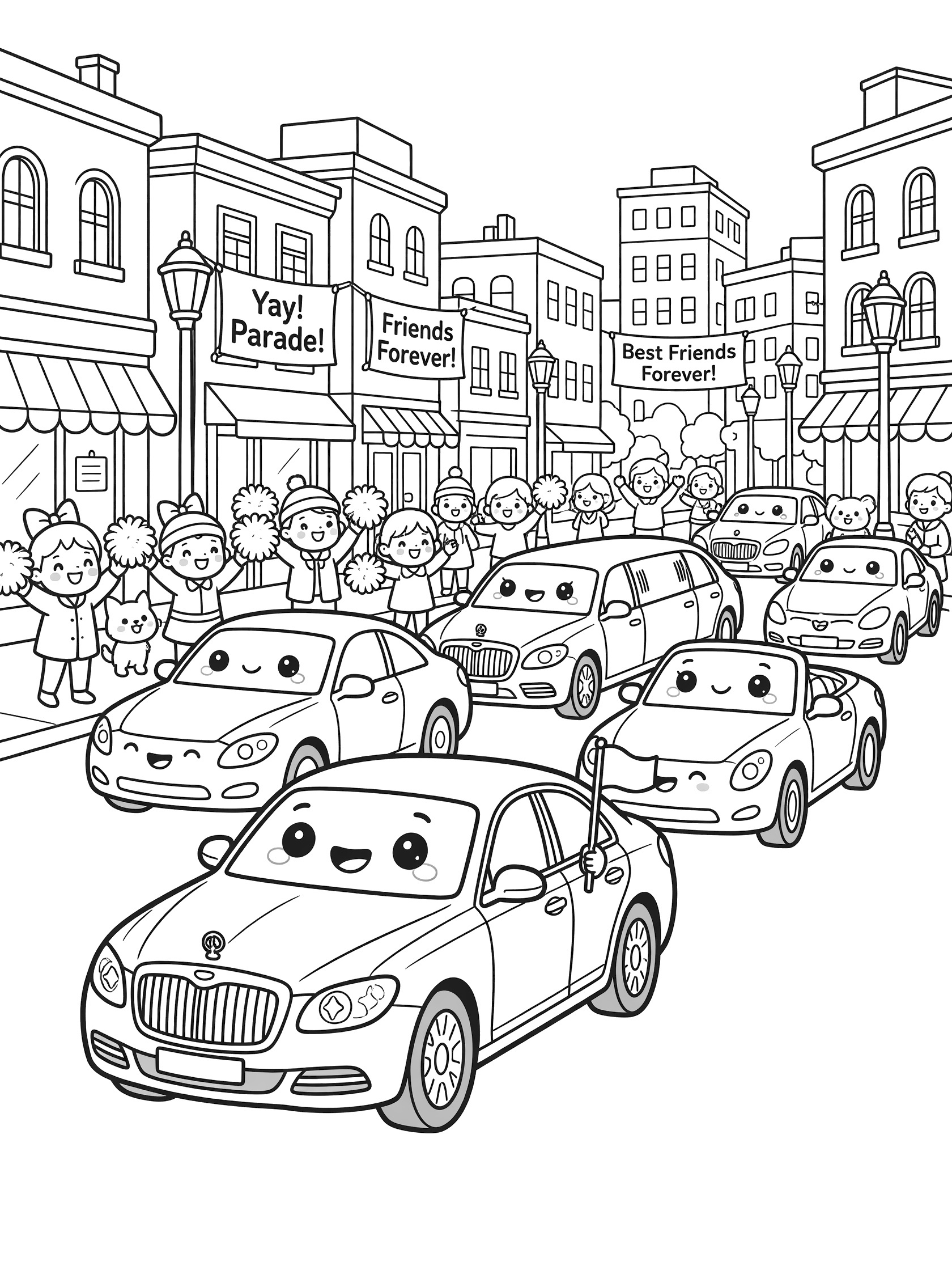 Kawaii-style line art coloring page showing a line of happy luxury cars with sparkling eyes parading on a city street, lead car waving a flag, cute onlookers cheering with pom-poms.