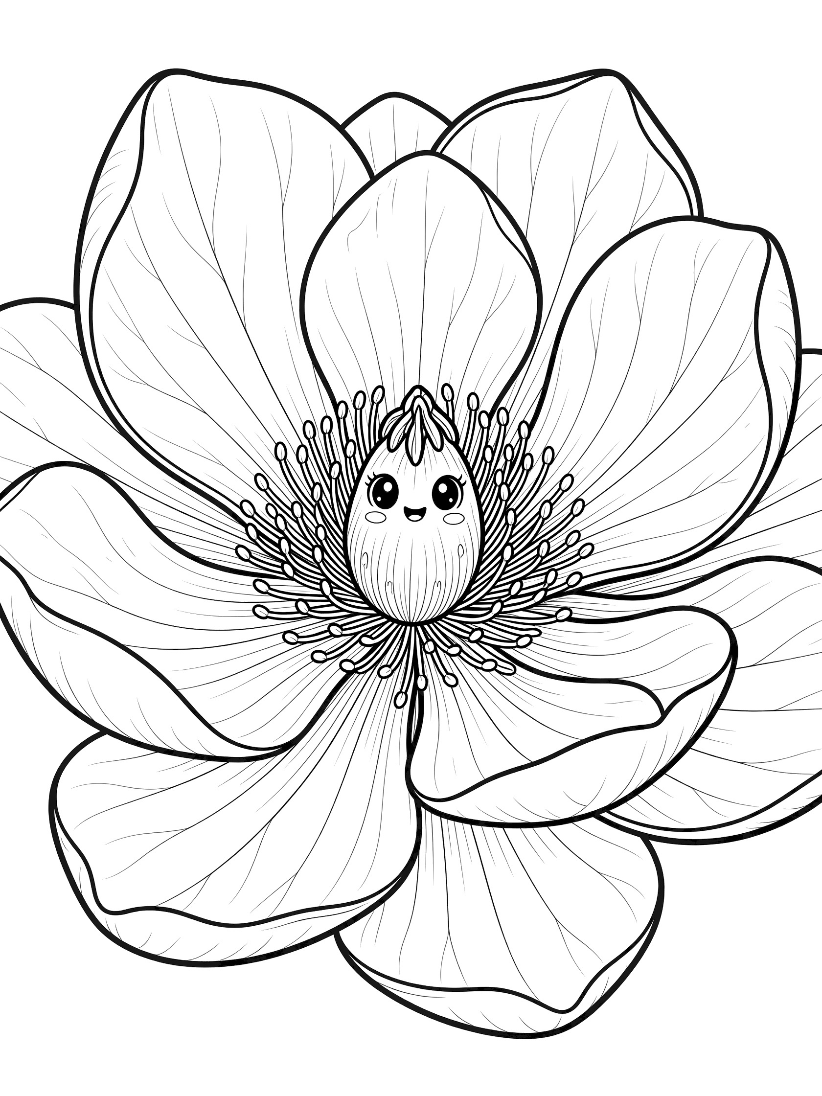 Kawaii close-up magnolia flower coloring page with fluffy stamens radiating from a pistil with big sparkling eyes and smiling mouth, surrounded by curved petals.