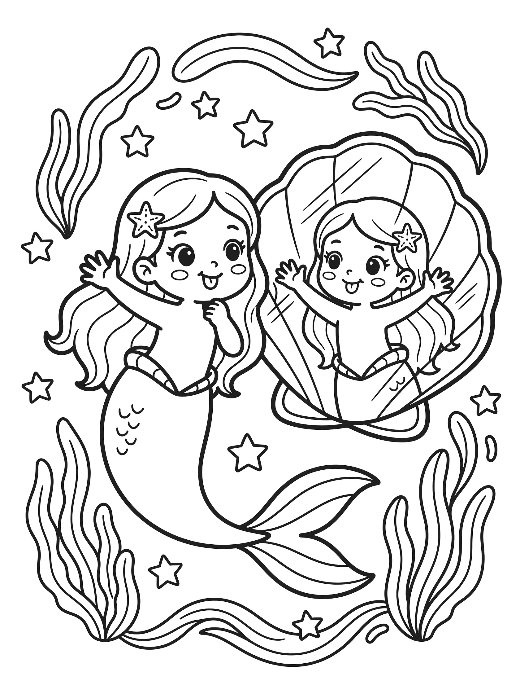 Kawaii mermaid and her playful reflection in a shell-shaped mirror coloring page, with stars and seaweed, black line art.