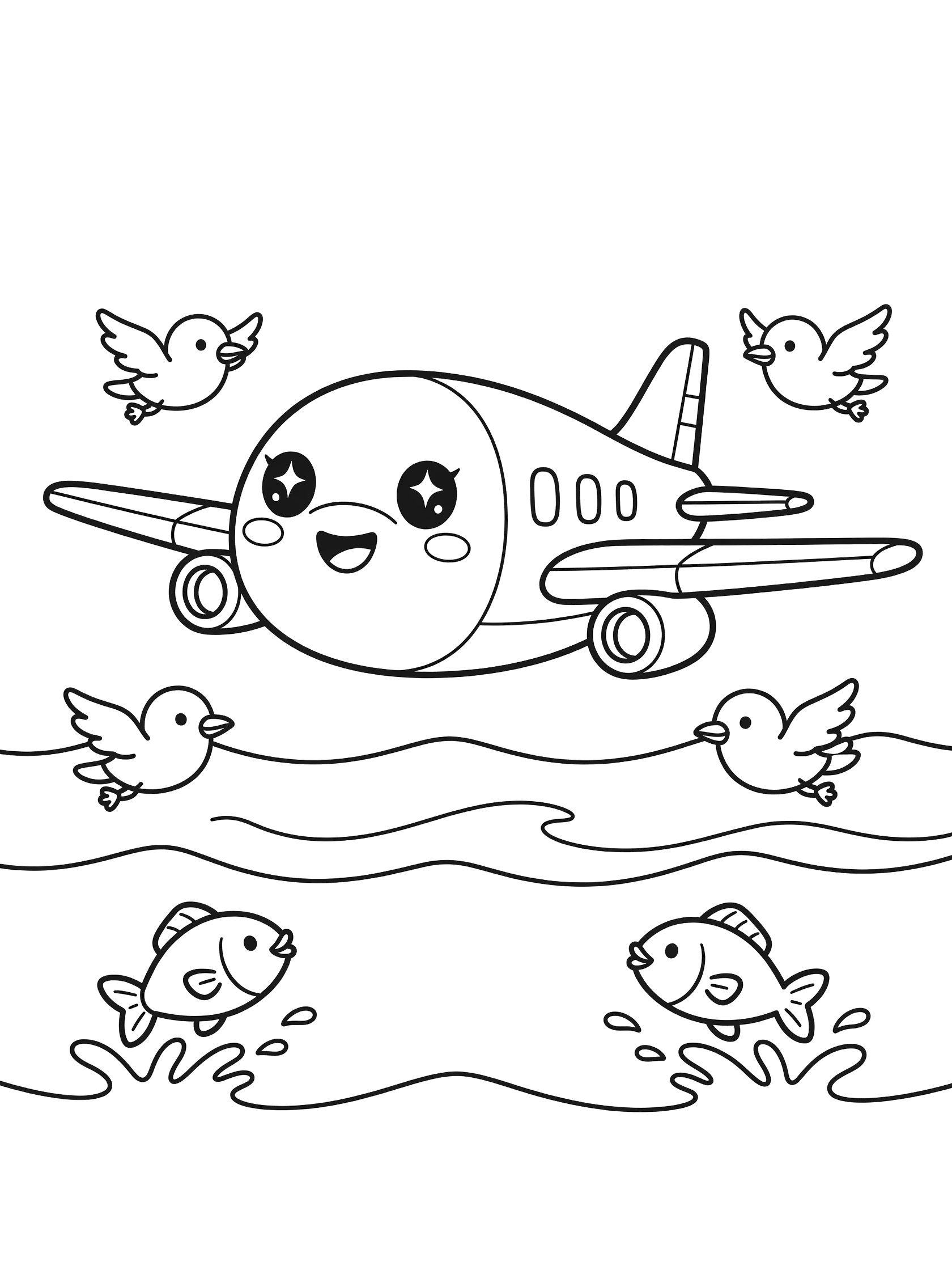 Cute kawaii transport plane with big eyes and smile flying over waves, seagulls on wings, fish jumping from sea, line art coloring page.