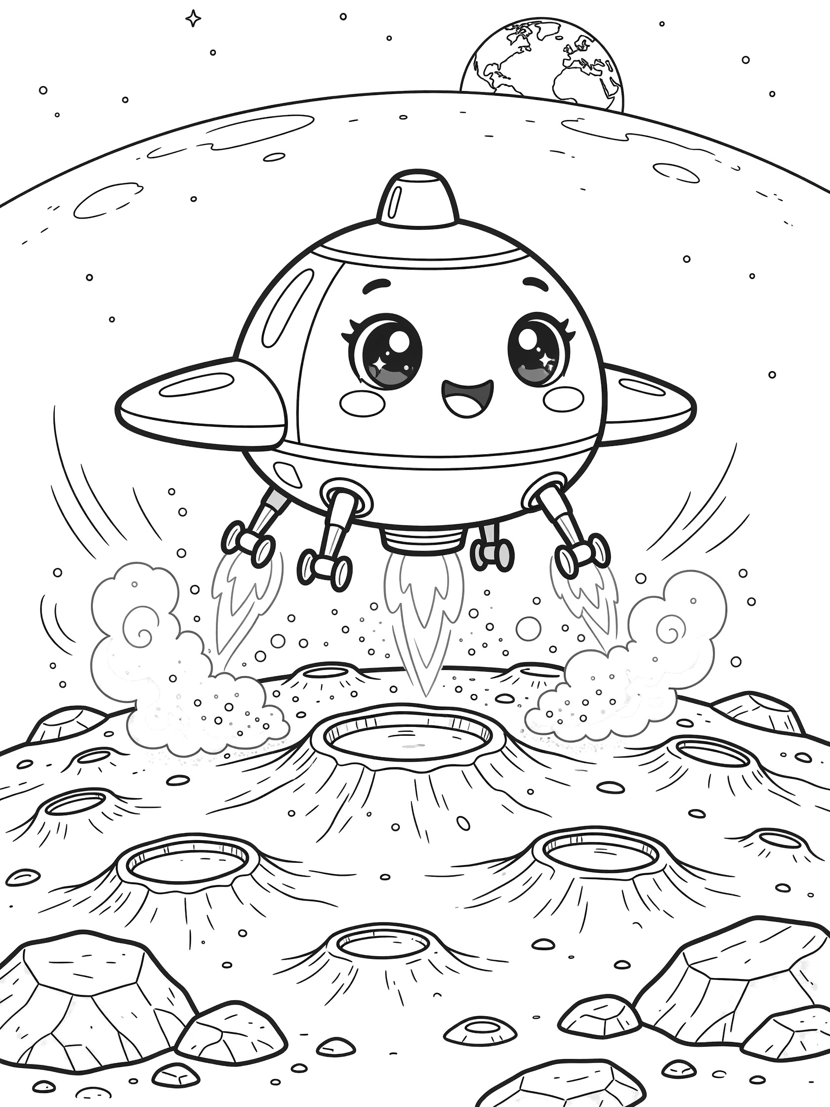 Kawaii-style orbiter with big eyes and smile landing on moon surface, kicking up dust with exhaust, surrounded by rocks, craters, stars, and distant Earth - printable coloring page