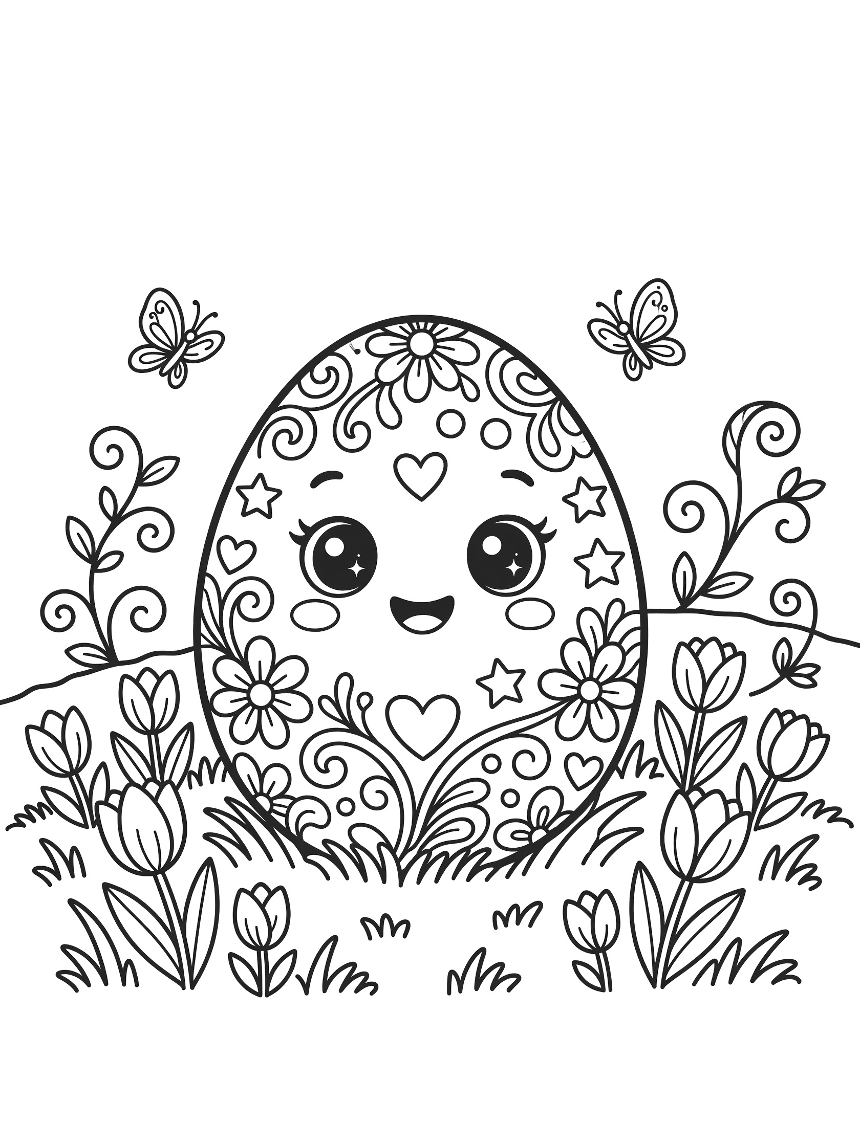 Black-and-white line art of a single ornate decorative Easter egg with sparkling eyes, blushing cheeks, smile, floral vines, hearts, stars, polka dots, nestled in grass with tulips, vines, and butterflies.