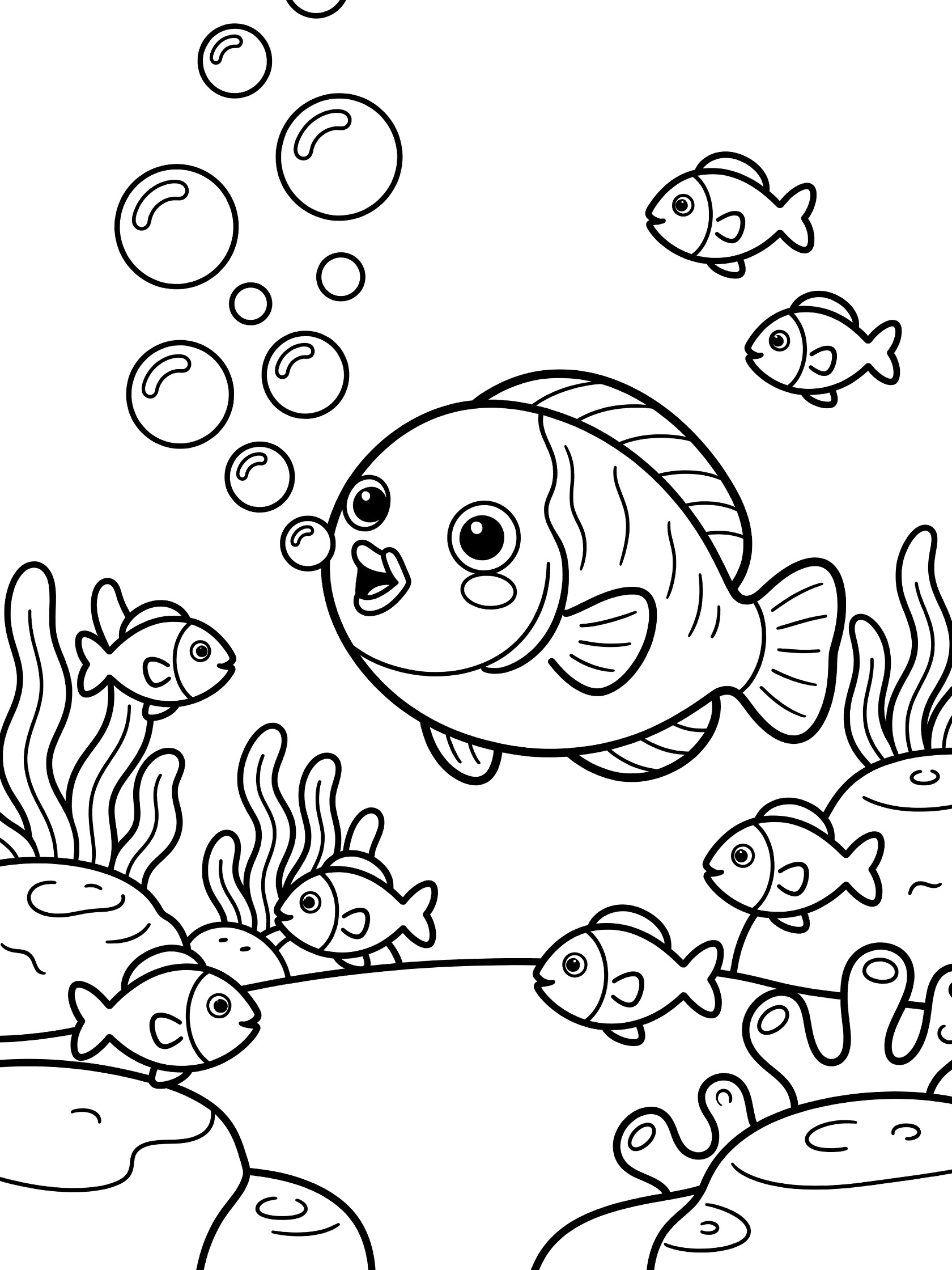 Black and white line art coloring page showing a big kawaii parrotfish with open mouth blowing round bubbles, surrounded by small fish, seaweed plants and rocks on the sea floor.