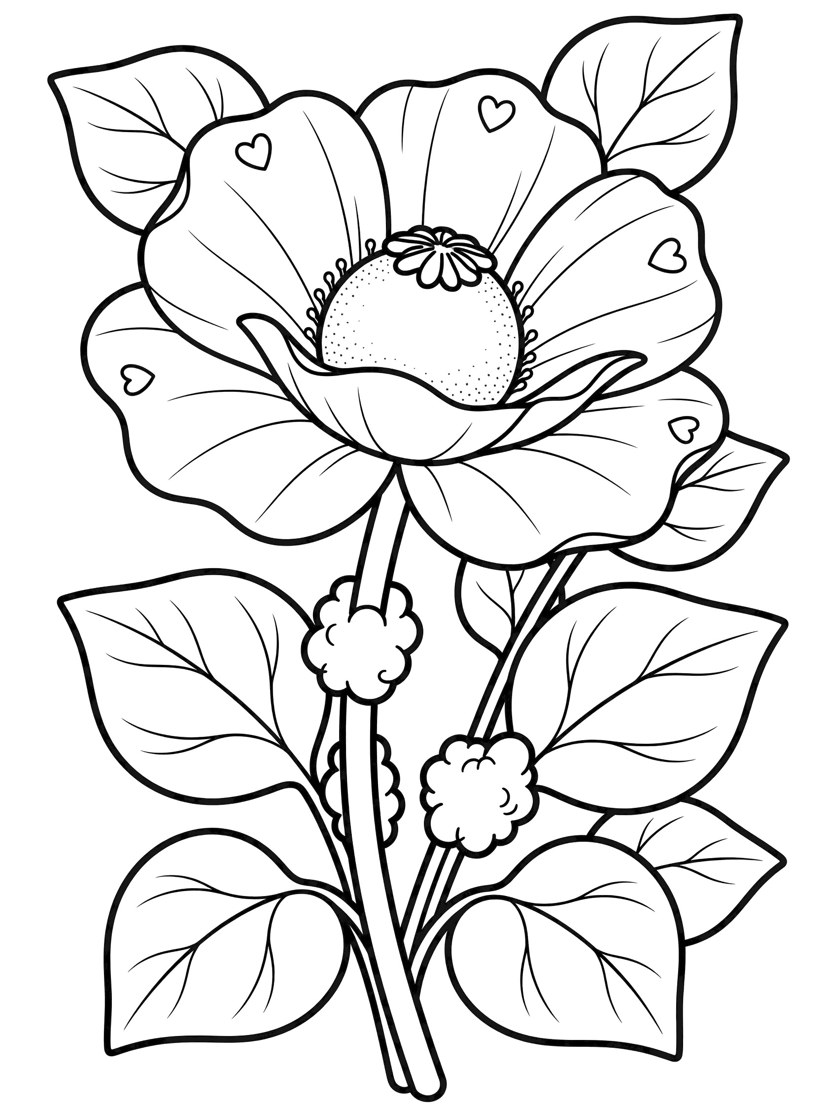 Black and white line art of a cute kawaii poppy flower with blooming heart-shaped petals, central seed pod, fluffy stem details, and heart leaves.