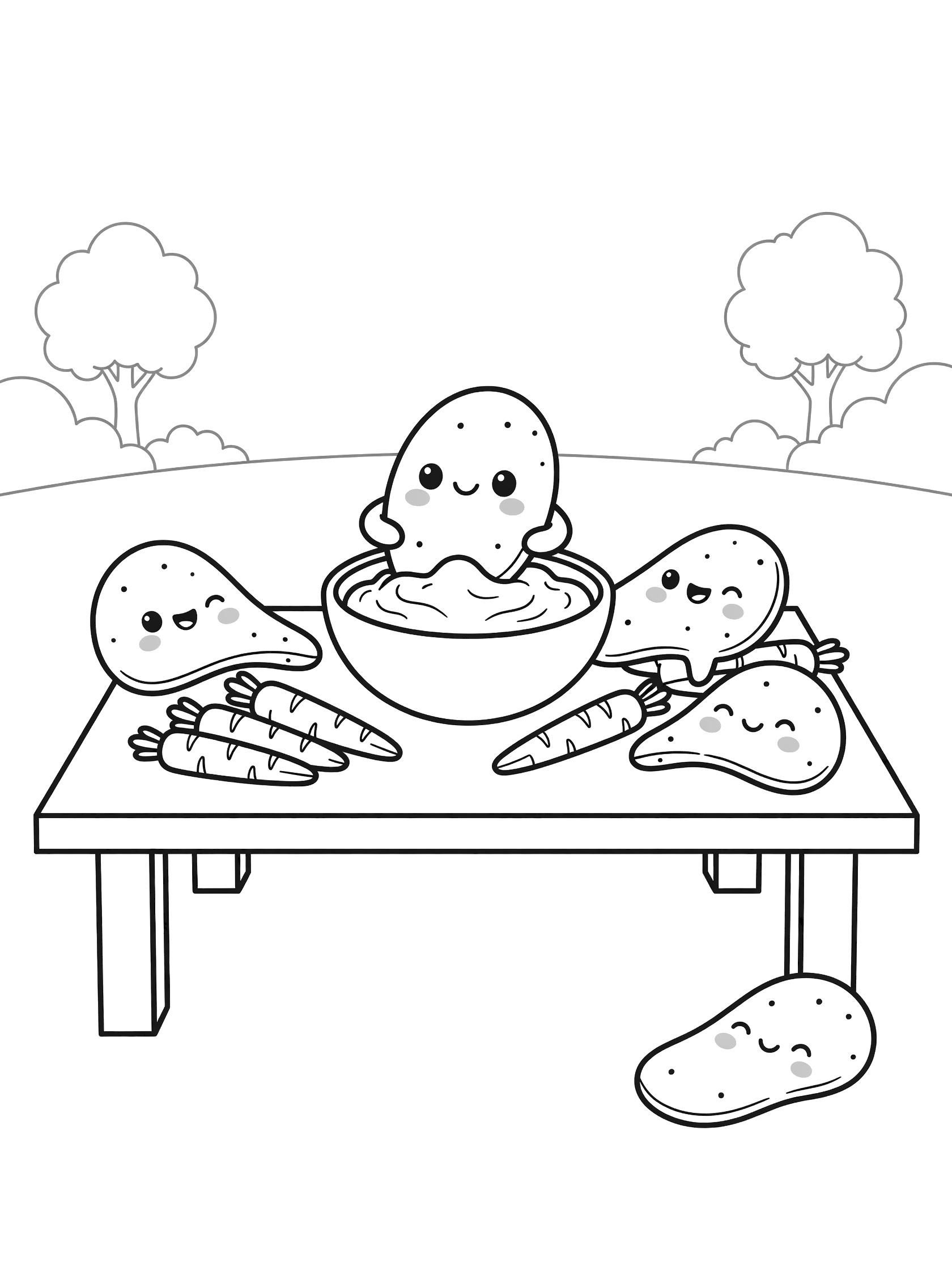 Kawaii style line art of potato chips dipping in creamy dip bowl surrounded by carrot sticks on a picnic table outdoors