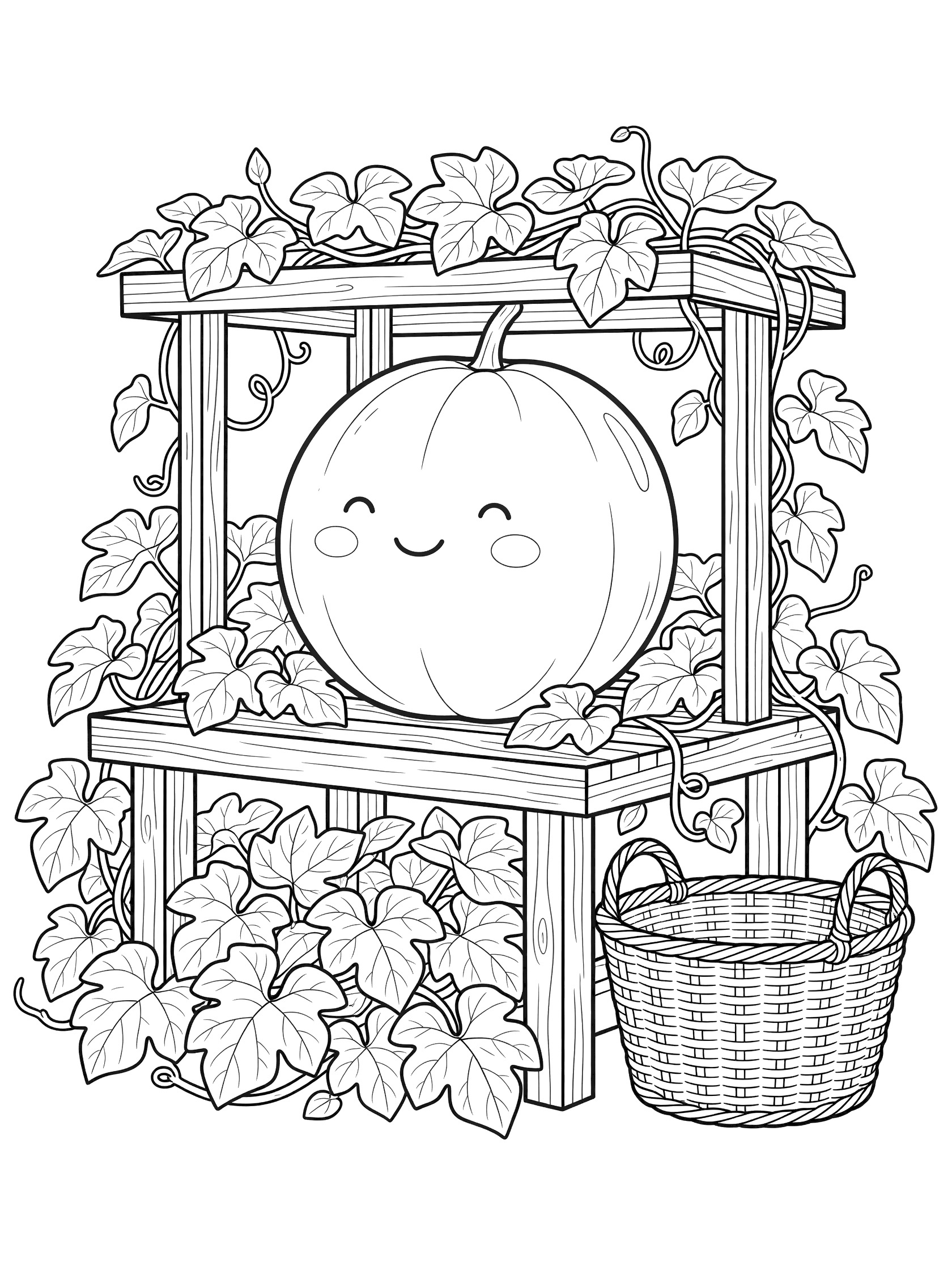 Black and white coloring page of a large kawaii-style cantaloupe with happy face on wooden farm market stall surrounded by vines and leaves, woven basket nearby.