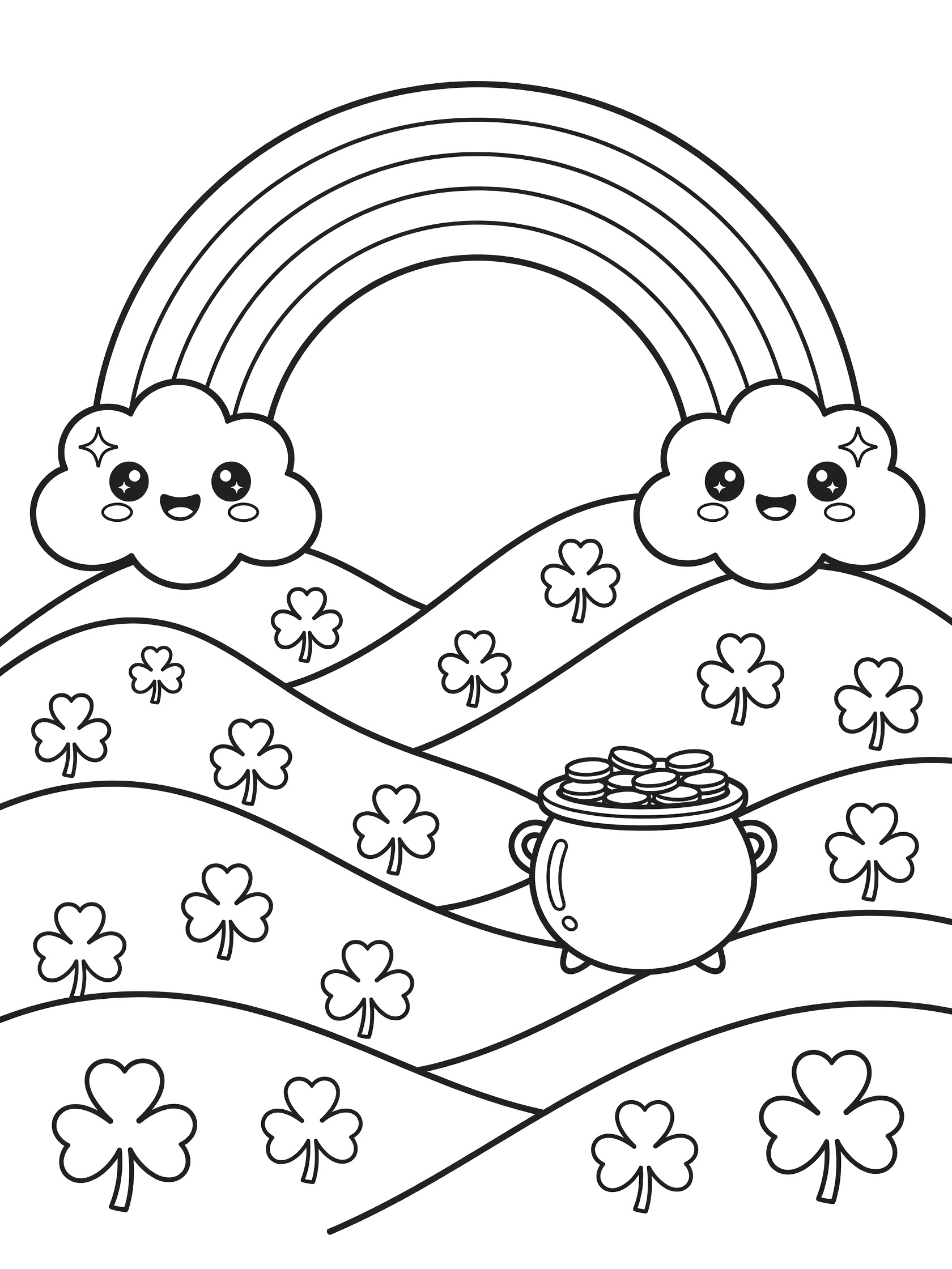Black and white line art coloring page of a cheerful kawaii rainbow over green hills with shamrocks and pot of gold for St. Patrick's Day