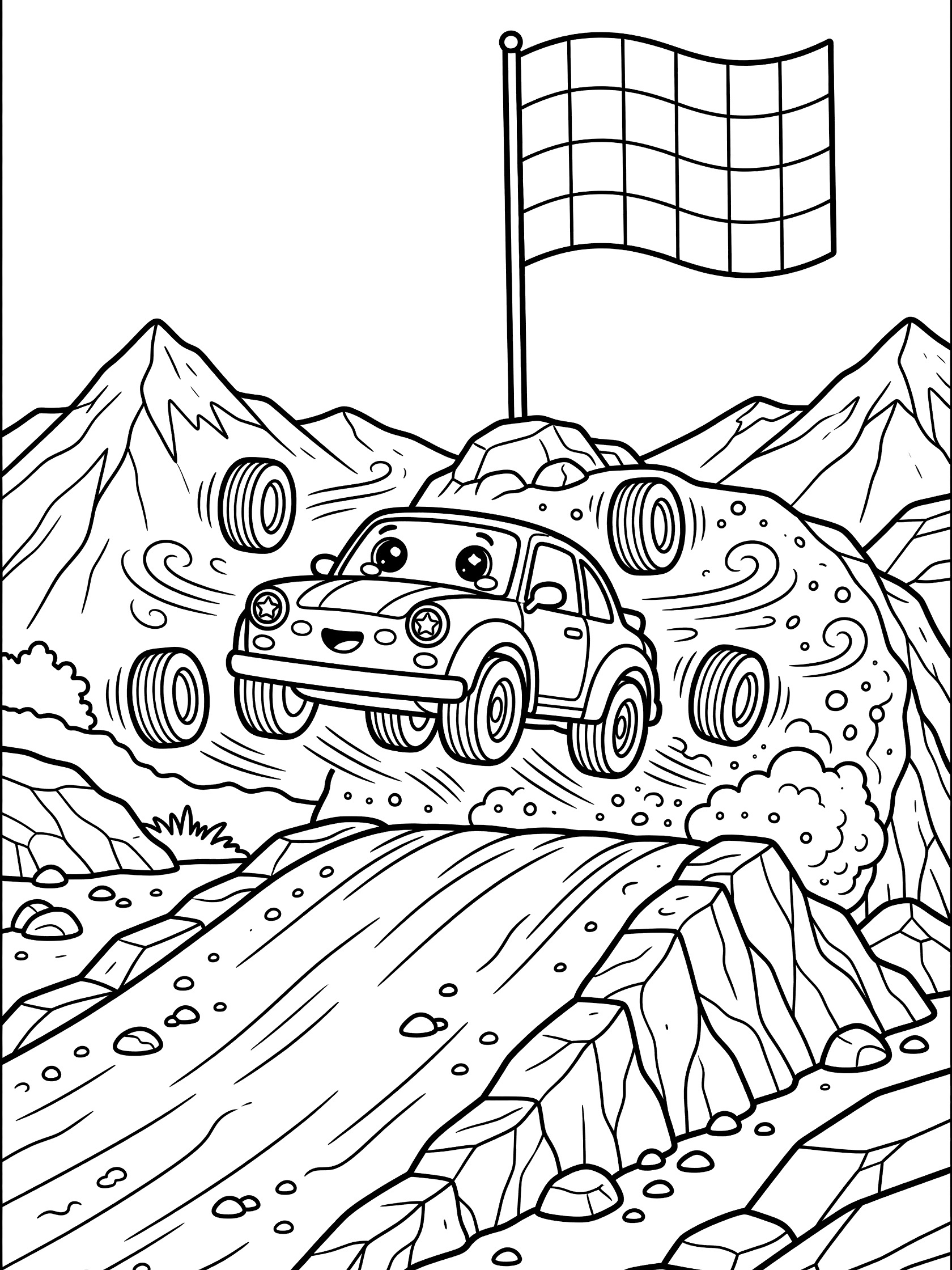 Adorable kawaii-style rally car with big eyes jumping over ramp with bouncing tires, racing to checkered flag on hilltop amid mountains and dirt path.