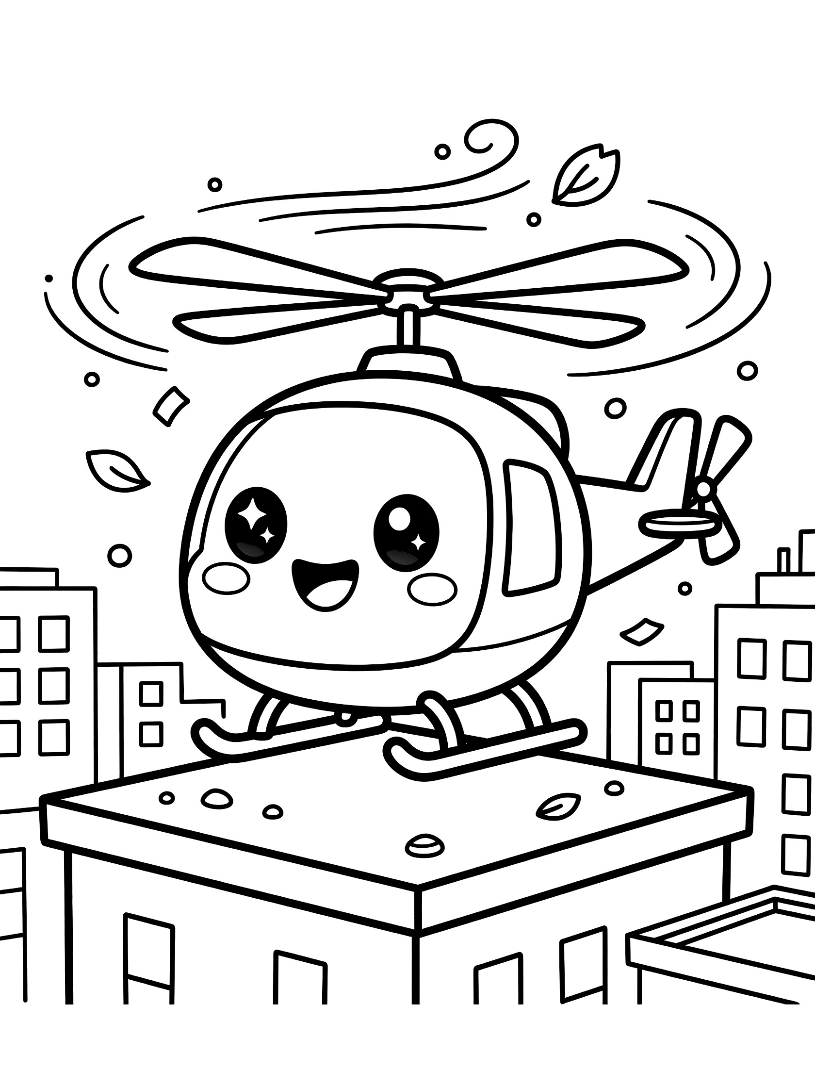 Cute rescue helicopter with big eyes and smile landing skids on urban rooftop, rotors spinning with gusts lifting debris, city buildings in background