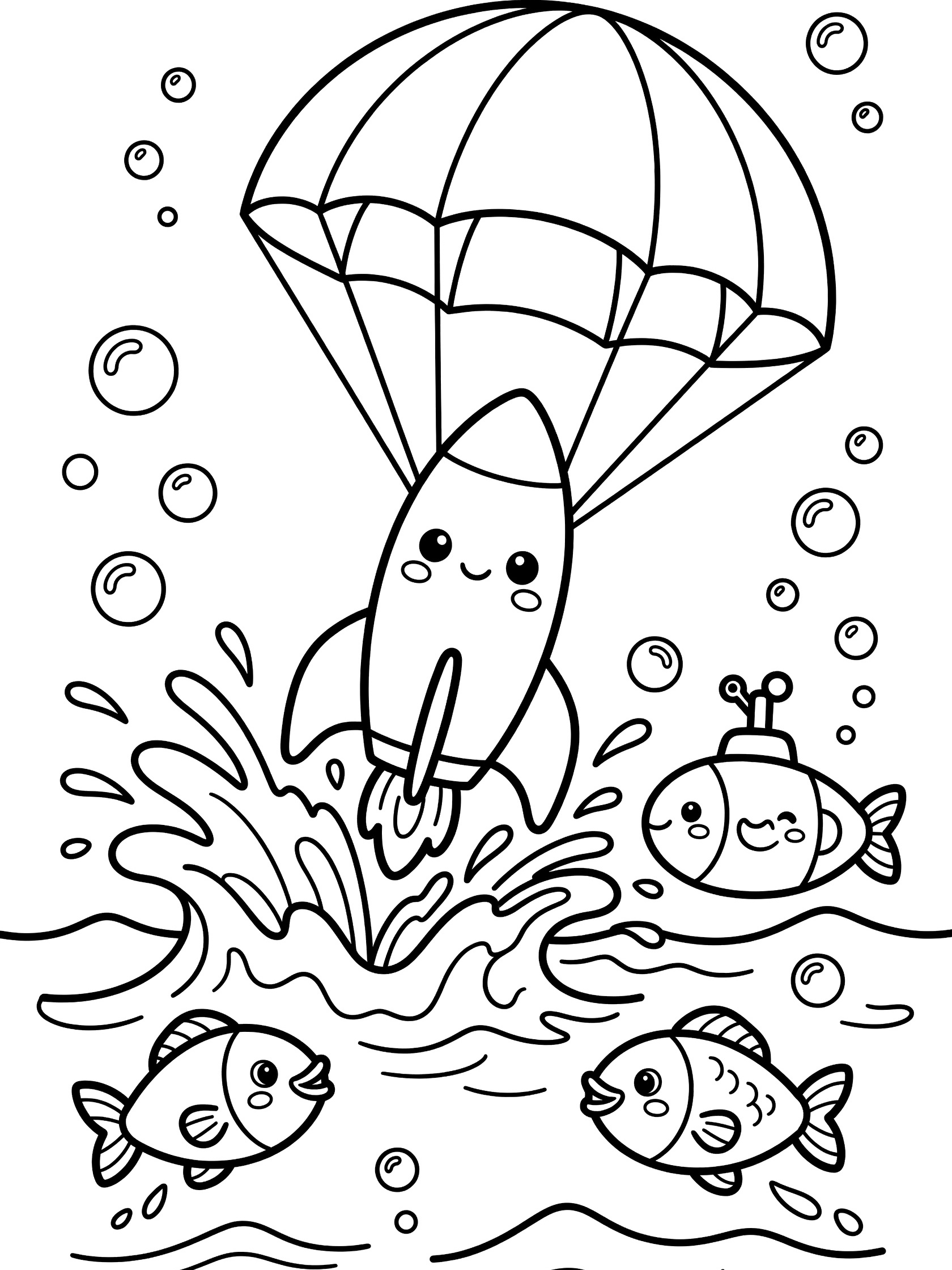 Adorable kawaii shuttle booster rocket with giant parachute splashing into ocean waves, happy fish jumping, submarine peeking, and bubbles, black and white printable coloring page.