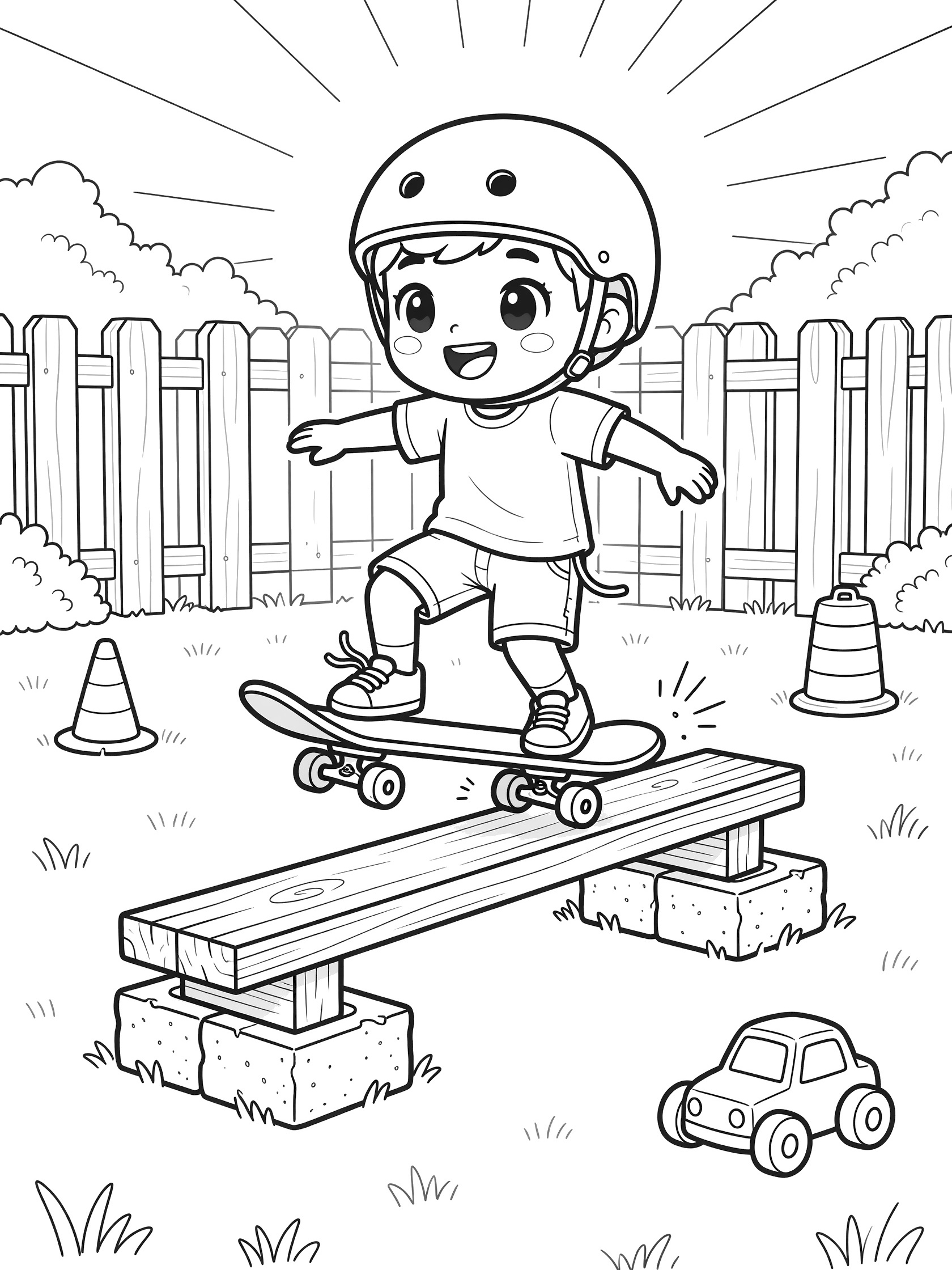 Black and white line art of cute big-eyed skateboarder grinding on a tilted wooden rail in a backyard with grass, fence, traffic cones and toy car