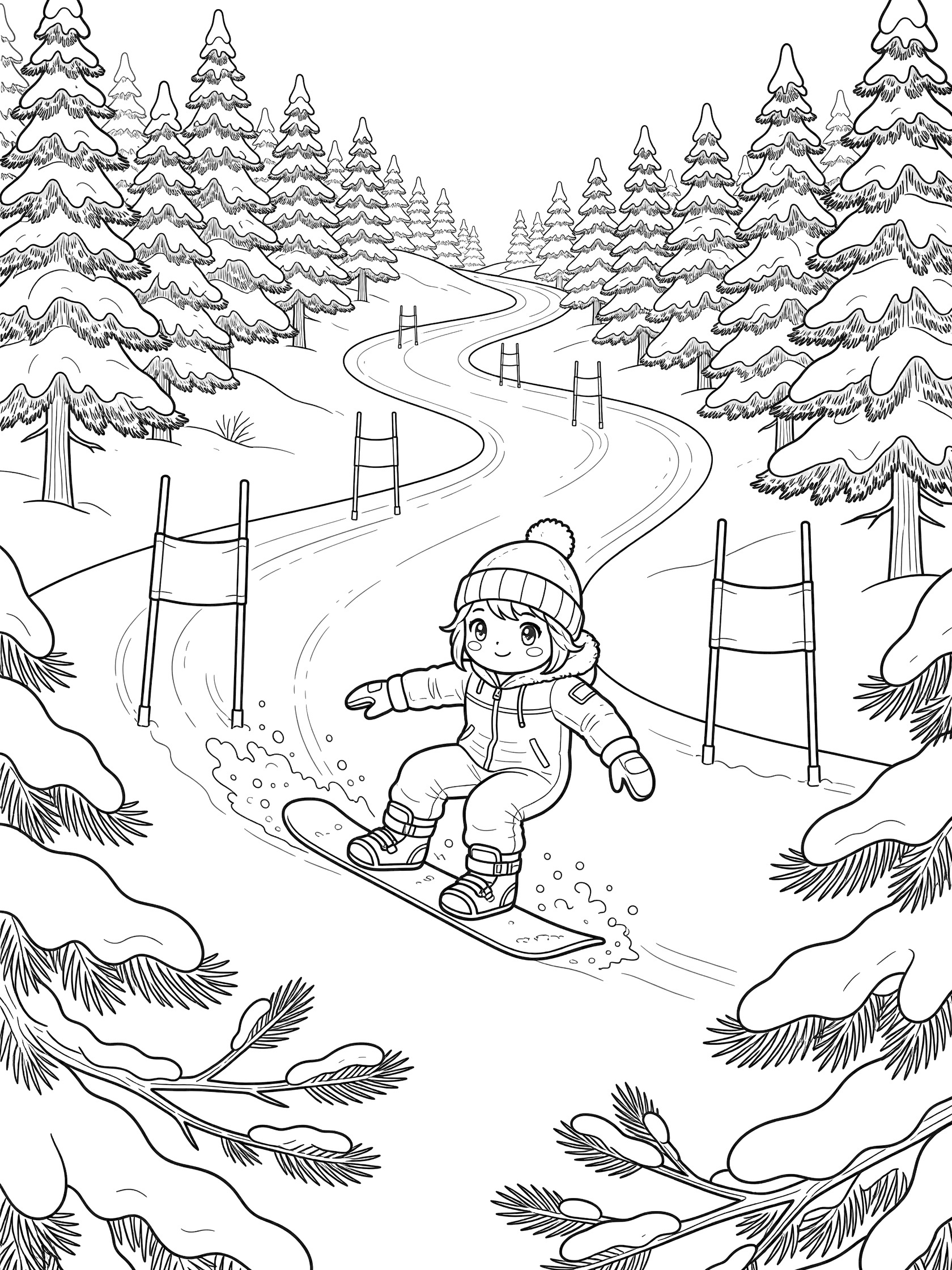 Cute kawaii slalom snowboarder in helmet and jacket navigating tight gates between pine trees on a winding snowy slope, detailed coloring page.