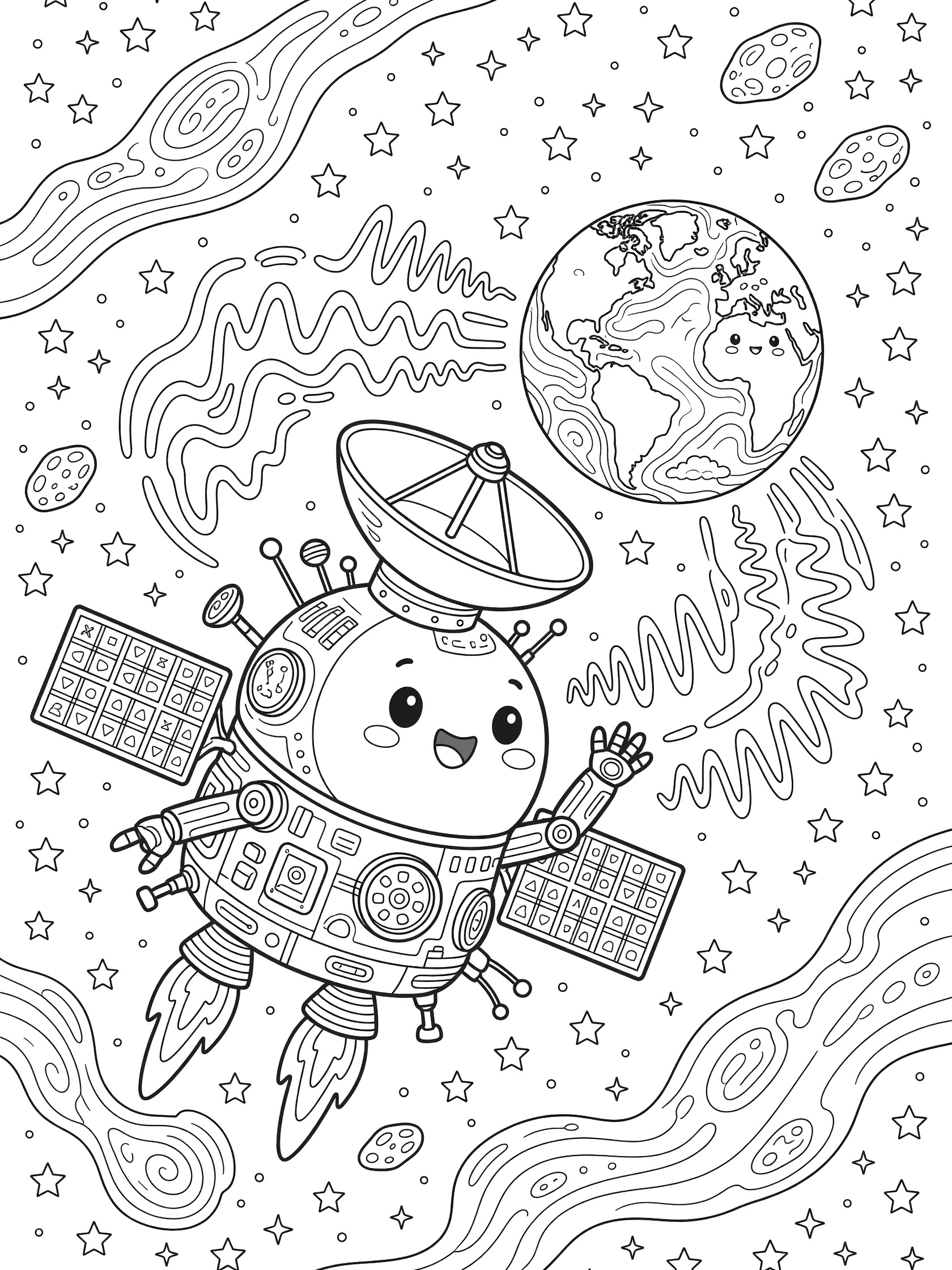 Black and white coloring page of a chubby kawaii space probe with big eyes and smile, large dish antenna pointing at Earth globe, sending wavy signals, solar panels, robotic arm, thrusters, surrounded by stars, nebulae, and asteroids.