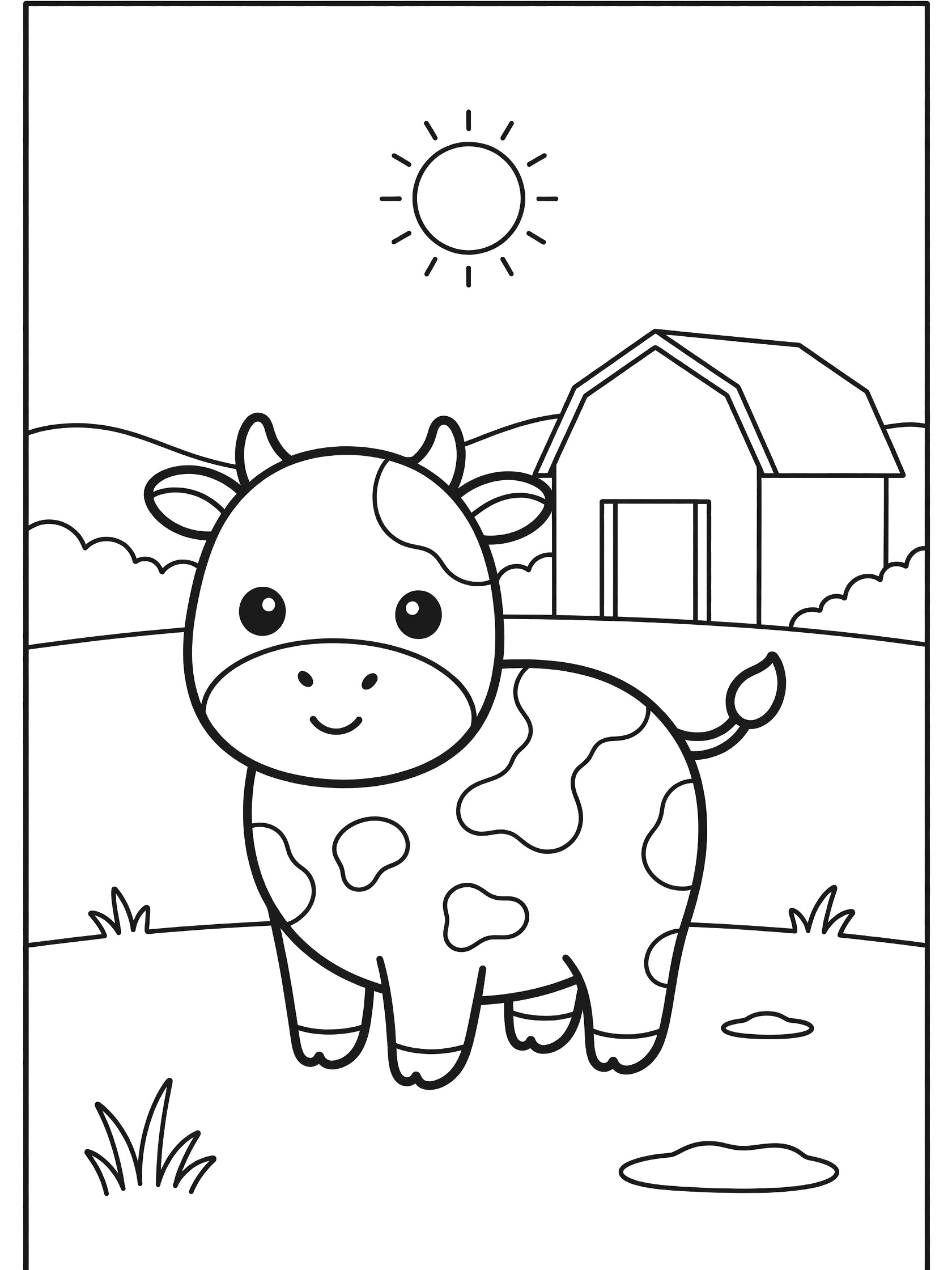 Kawaii spotted cow with big eyes smiling on farm coloring page, with red barn, sun, grass puddle and hills, black outlines on white background