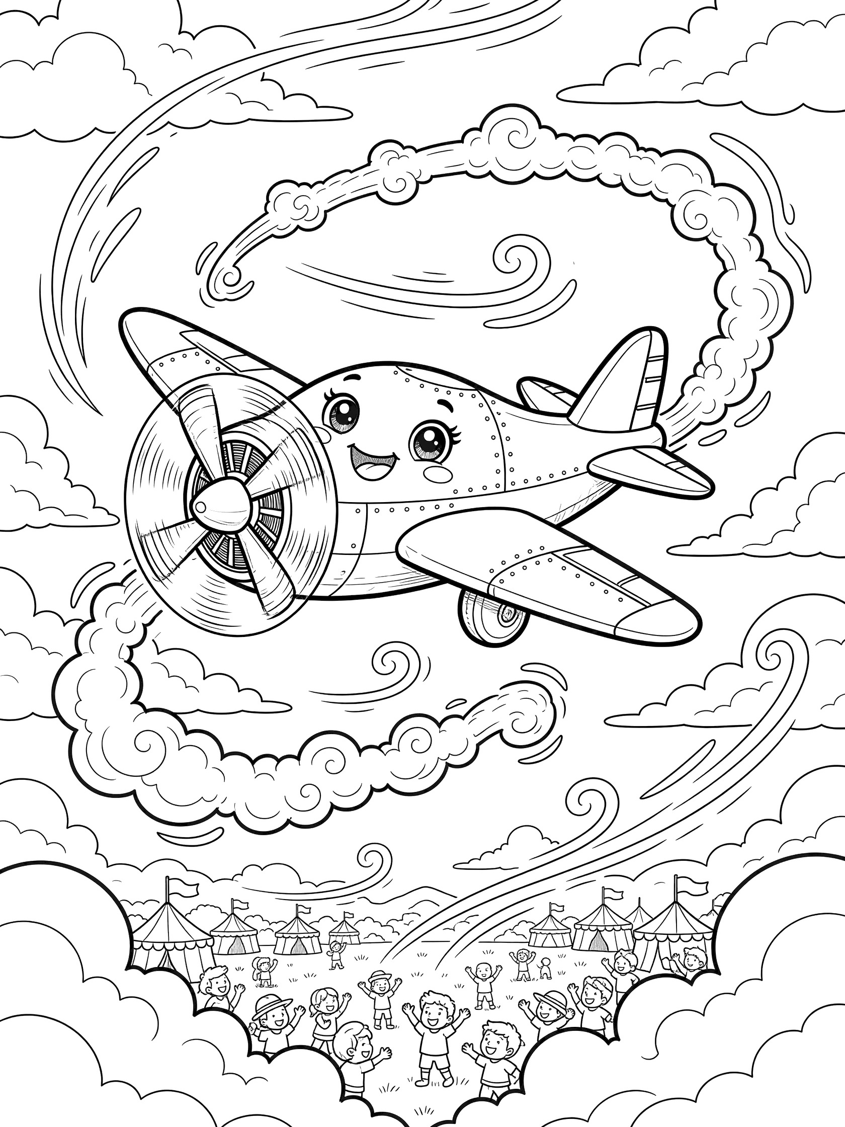 Cute propeller plane with sparkling eyes and rosy cheeks flying a loop in the sky with clouds, wind trails, and a crowd watching from below.