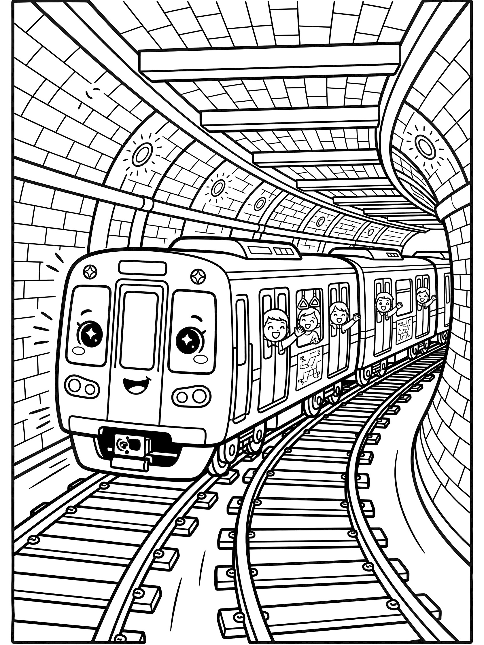 Black and white coloring page of a chubby kawaii subway train leaning around a curved underground tunnel bend with motion lines, brick walls, tracks, and waving passengers. Subway Trains themed black and white printable line art