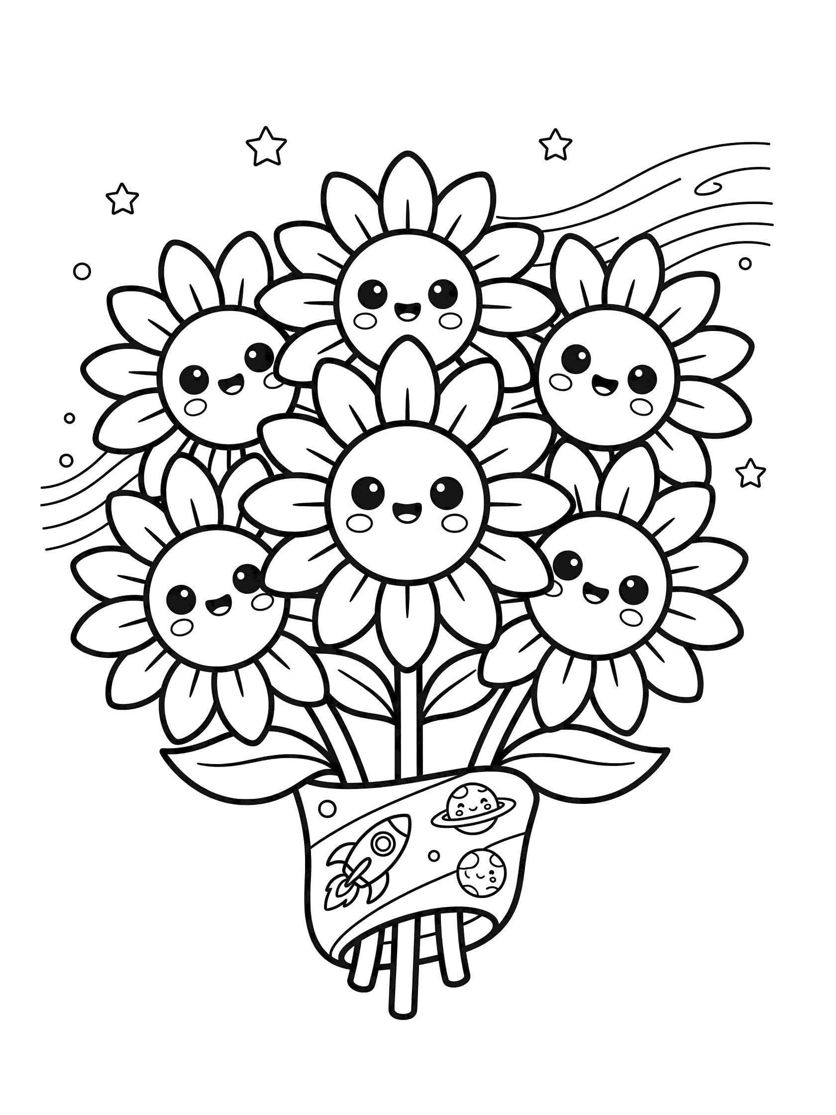 Black and white line drawing of a bouquet of kawaii sunflowers with happy faces, stems in a pot with a rocket and planets inside, surrounded by stars and wavy lines.