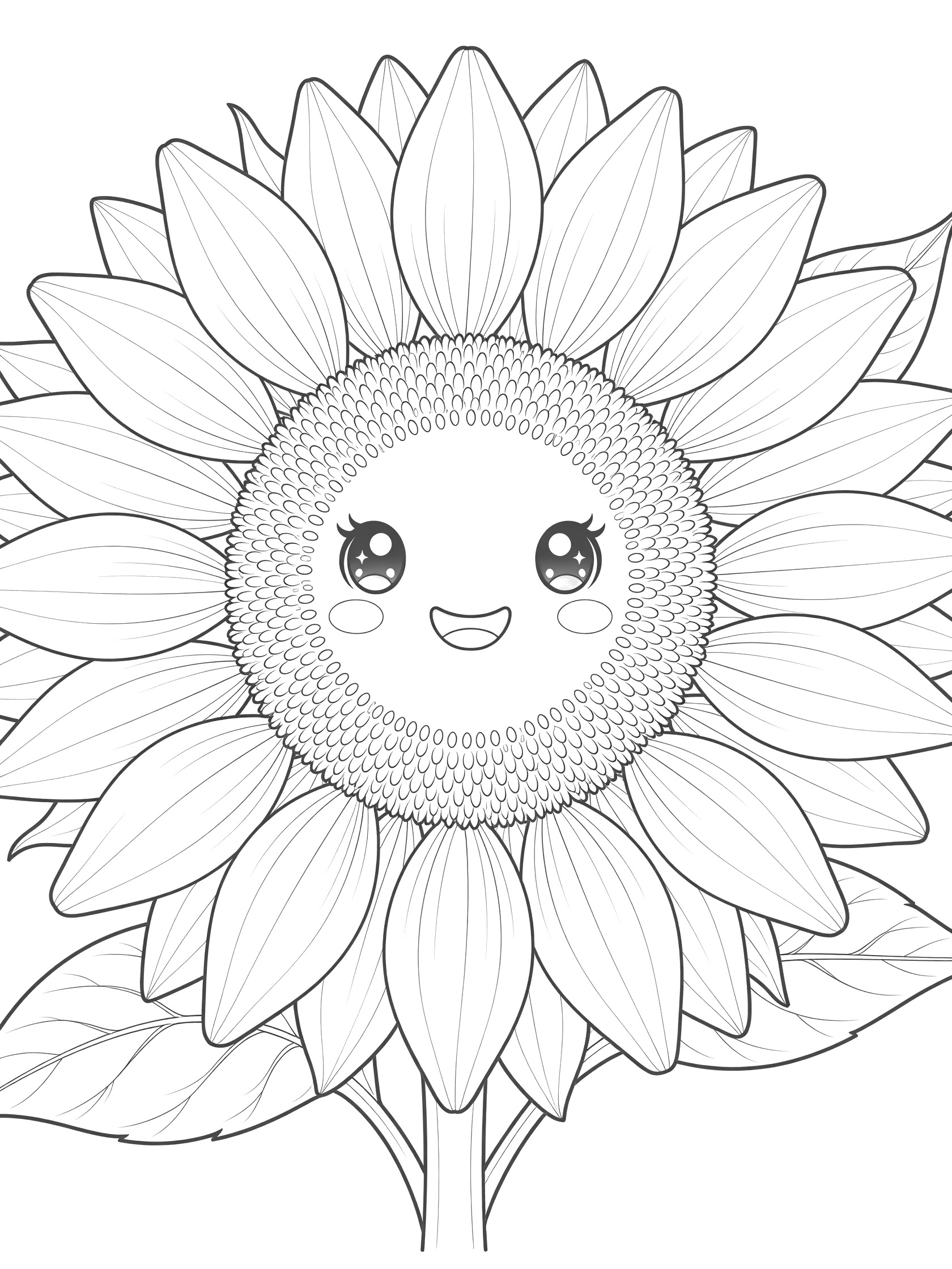 Close-up kawaii sunflower coloring page showing cheerful face in seed center, sparkling eyes, blush cheeks, wide smile, intricate overlapping petals with veins and curls, plus stem and leaves on white background.