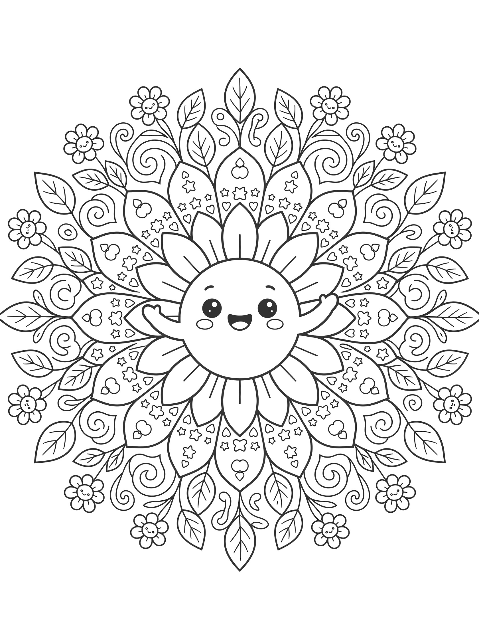 Black and white kawaii sunflower mandala coloring page featuring a smiling sunflower face at the center with layered petals, hearts, stars, leaves, and vines in symmetrical patterns.