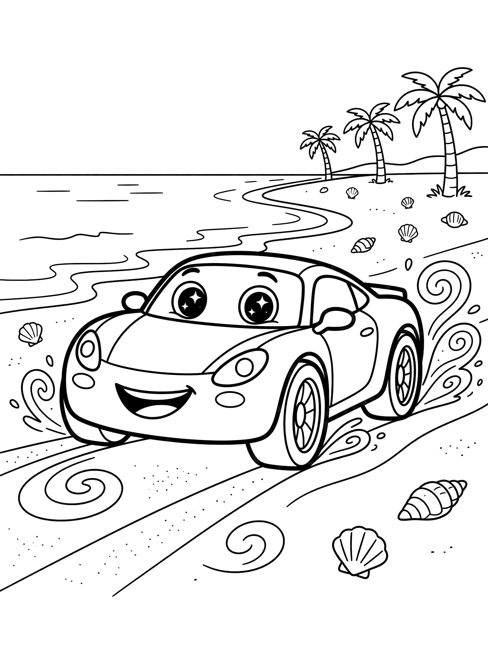Cute supercar with big eyes and smile cruising along beach, kicking up sand swirls, near waves, palm trees, and seashells - printable coloring page. Supercars themed black and white printable line art