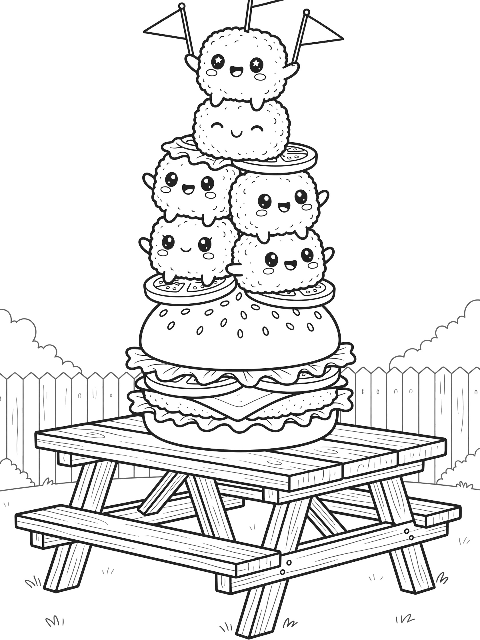 Kawaii-style tater tots balancing on a burger with flags on top, on a wooden picnic table coloring page