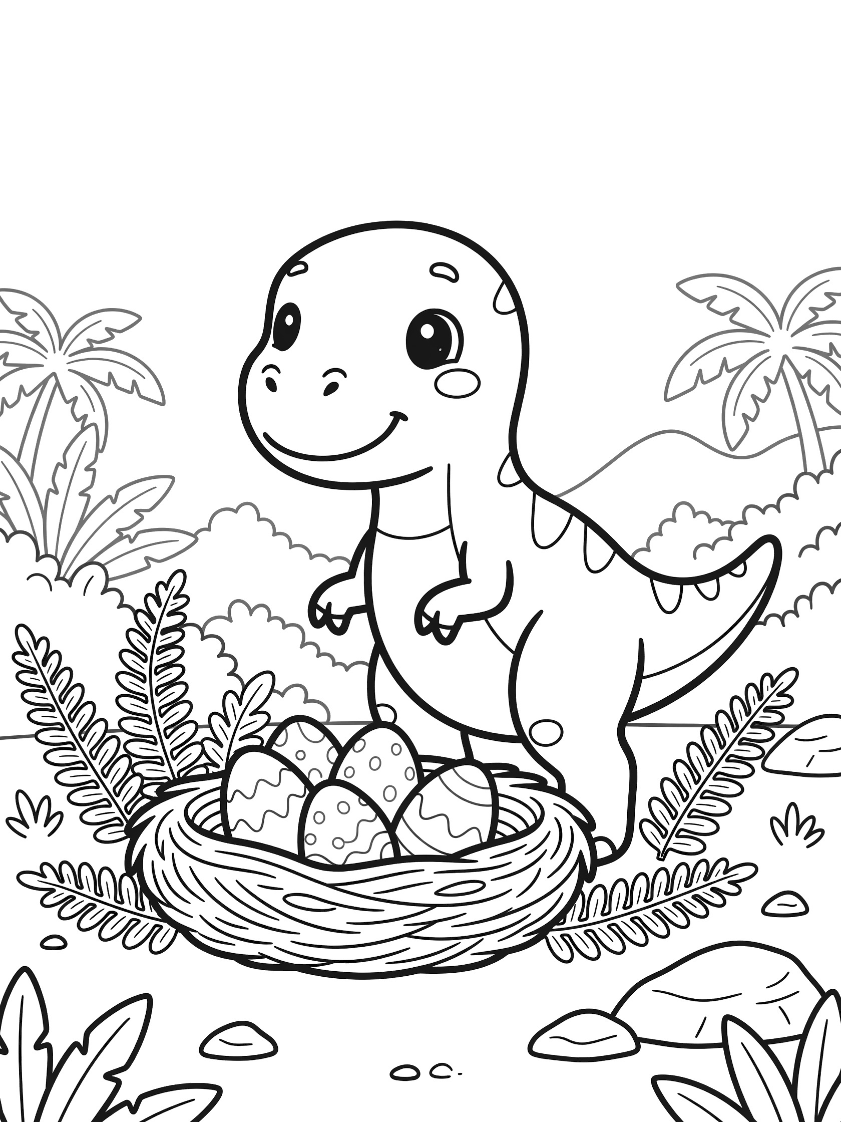 Black and white line art of a kawaii Tyrannosaurus Rex standing guard over a nest with three patterned eggs, surrounded by ferns, rocks, palm fronds, and hills.