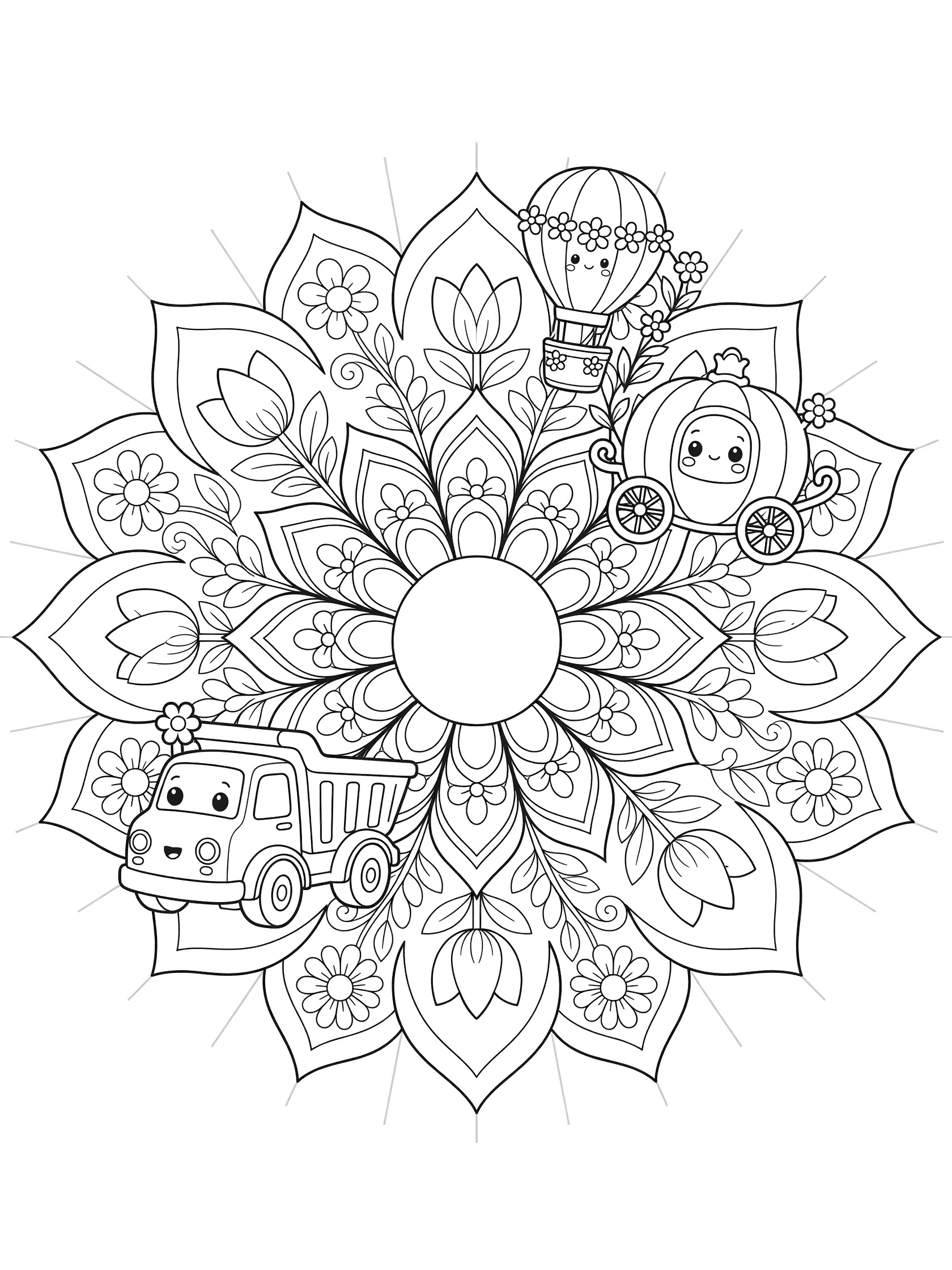 Black and white line art coloring page featuring a symmetrical floral mandala with kawaii-style dump truck, hot air balloon, and pumpkin carriage.