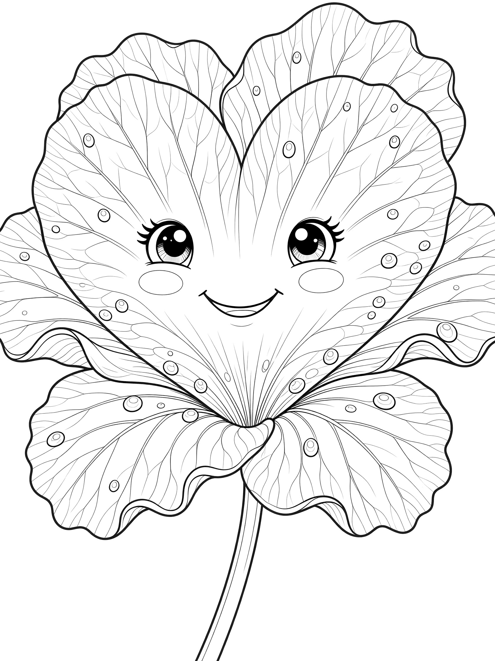 Detailed line art coloring page of a kawaii violet petal in close-up with sparkling eyes, blushing cheeks, smile, ruffled edges, dew droplets, and faint stem.