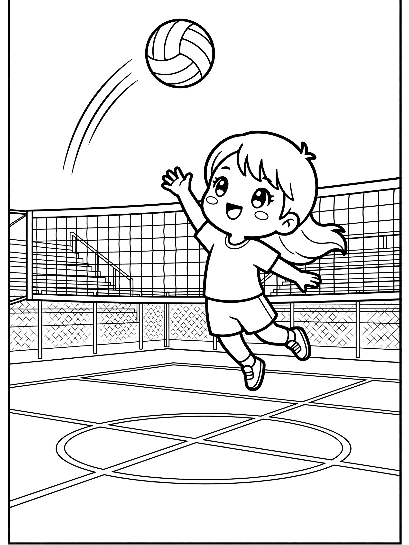 Kawaii girl player in mid-air spiking a volleyball over the net on an outdoor court coloring page