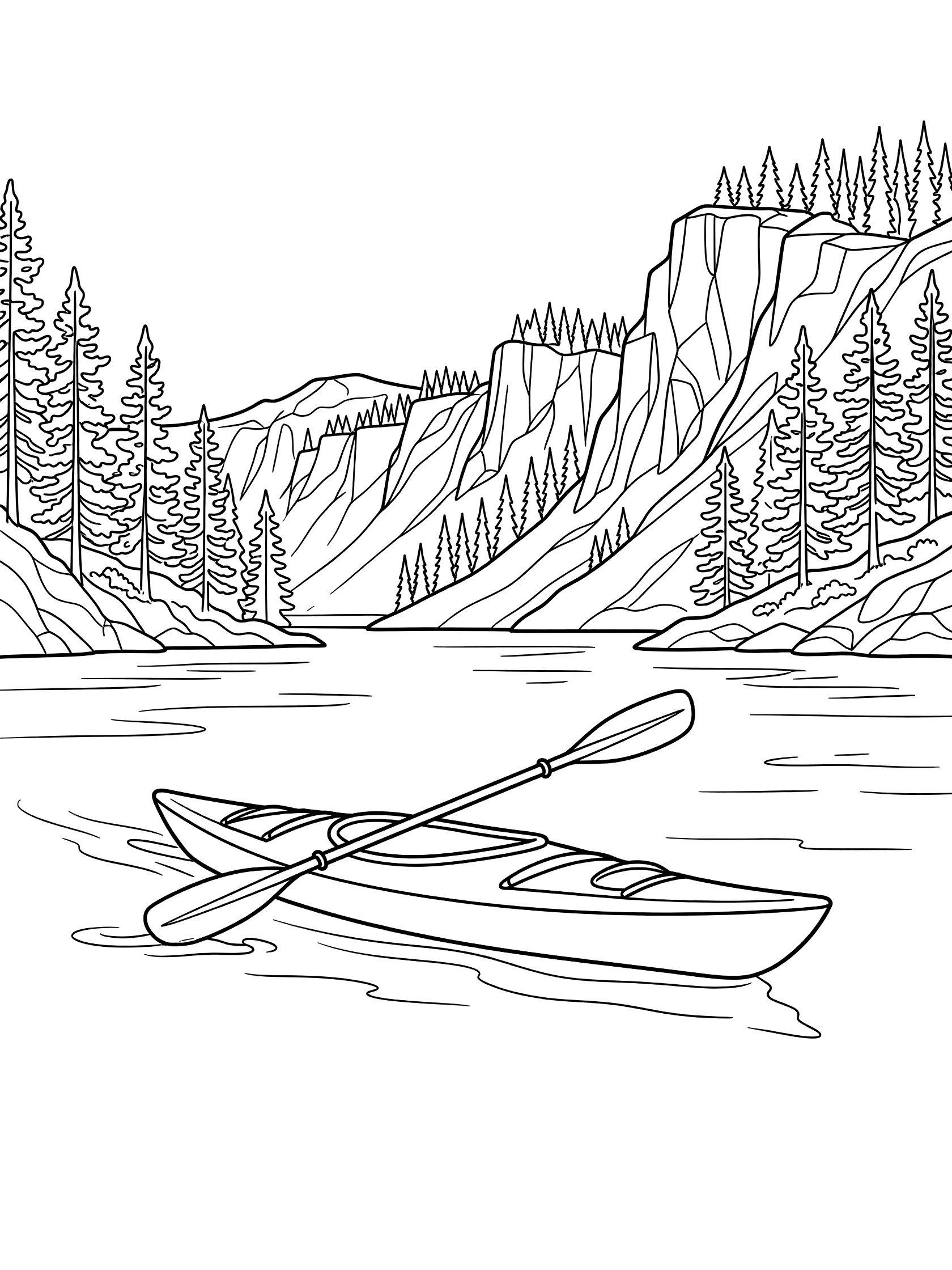 Black and white coloring page of a kayak with paddle on a mountain lake, surrounded by steep cliffs and pine trees. Crater Lake themed black and white printable line art