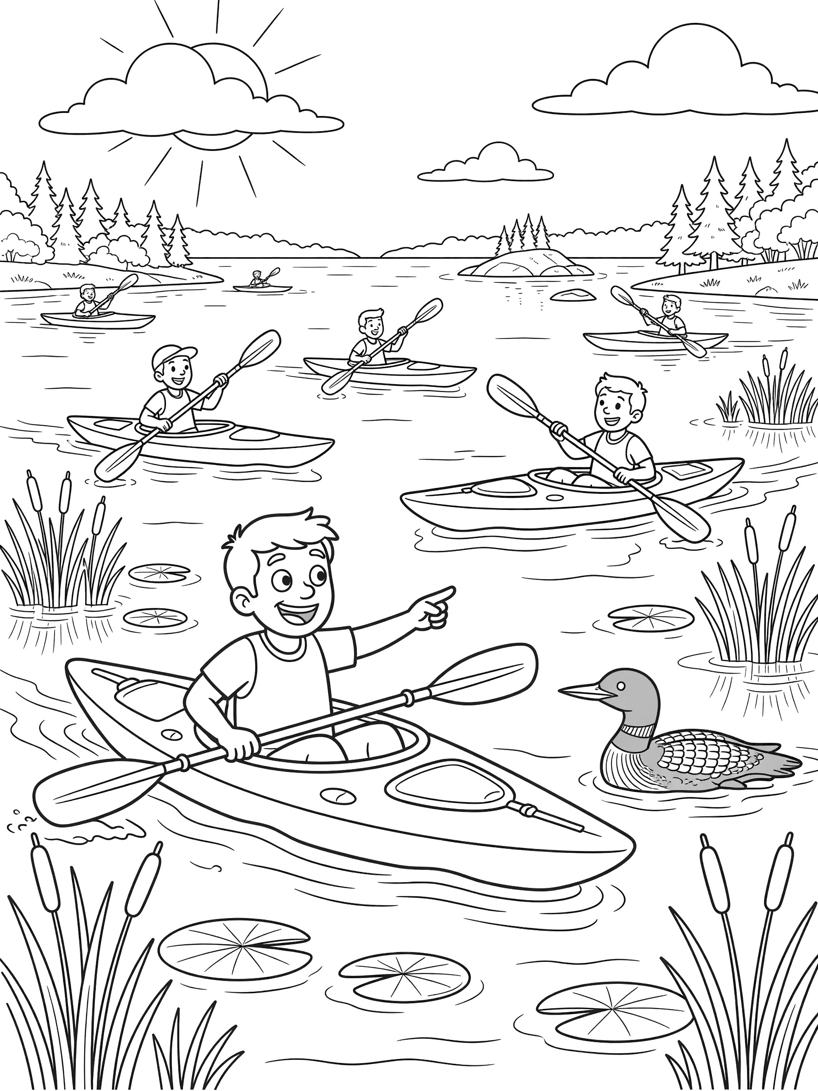 Black and white line art of boys in kayaks paddling on a lake, smiling boy pointing, duck swimming nearby, trees, reeds, sun and clouds. The Great Lakes themed black and white printable line art