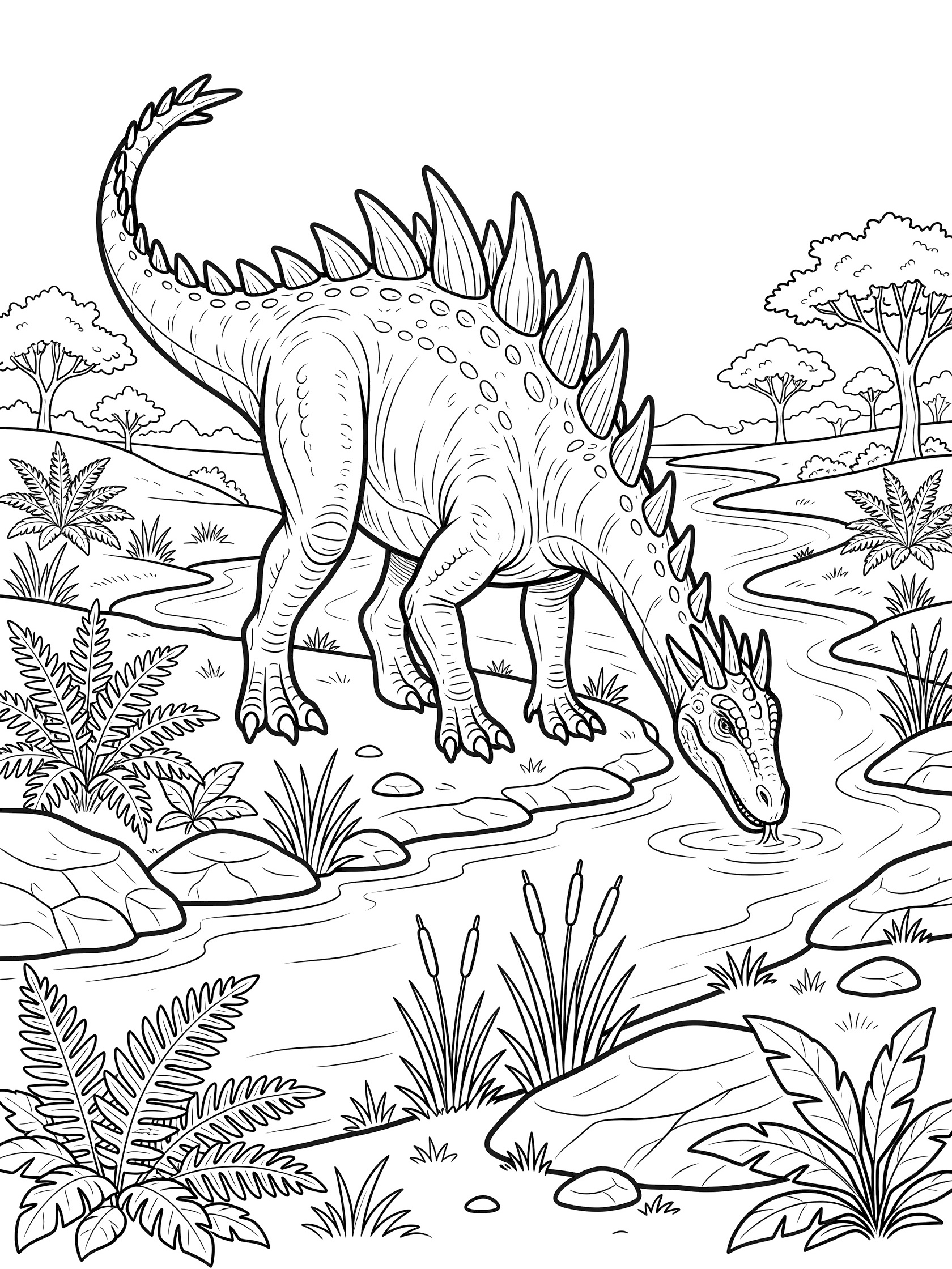 Black and white coloring page of a Kentrosaurus dinosaur bending to drink from a river, surrounded by ferns, reeds, rocks, and distant trees.