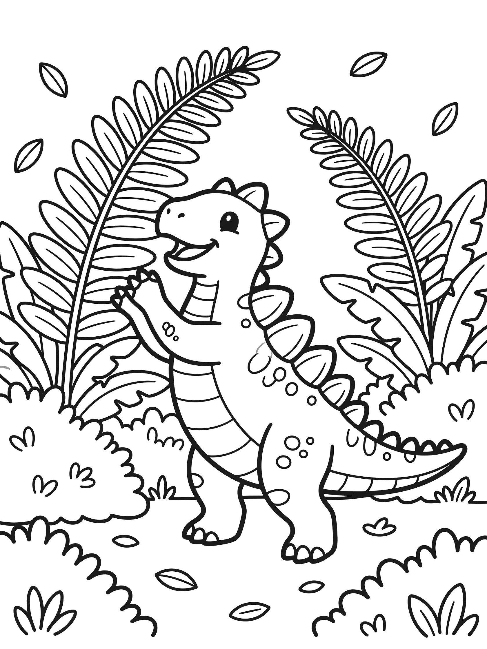 Cute Kentrosaurus dinosaur on hind legs reaching up to high leaves on giant fern, with back plates, spiky tail, friendly eyes, and forest plants, line art coloring page.