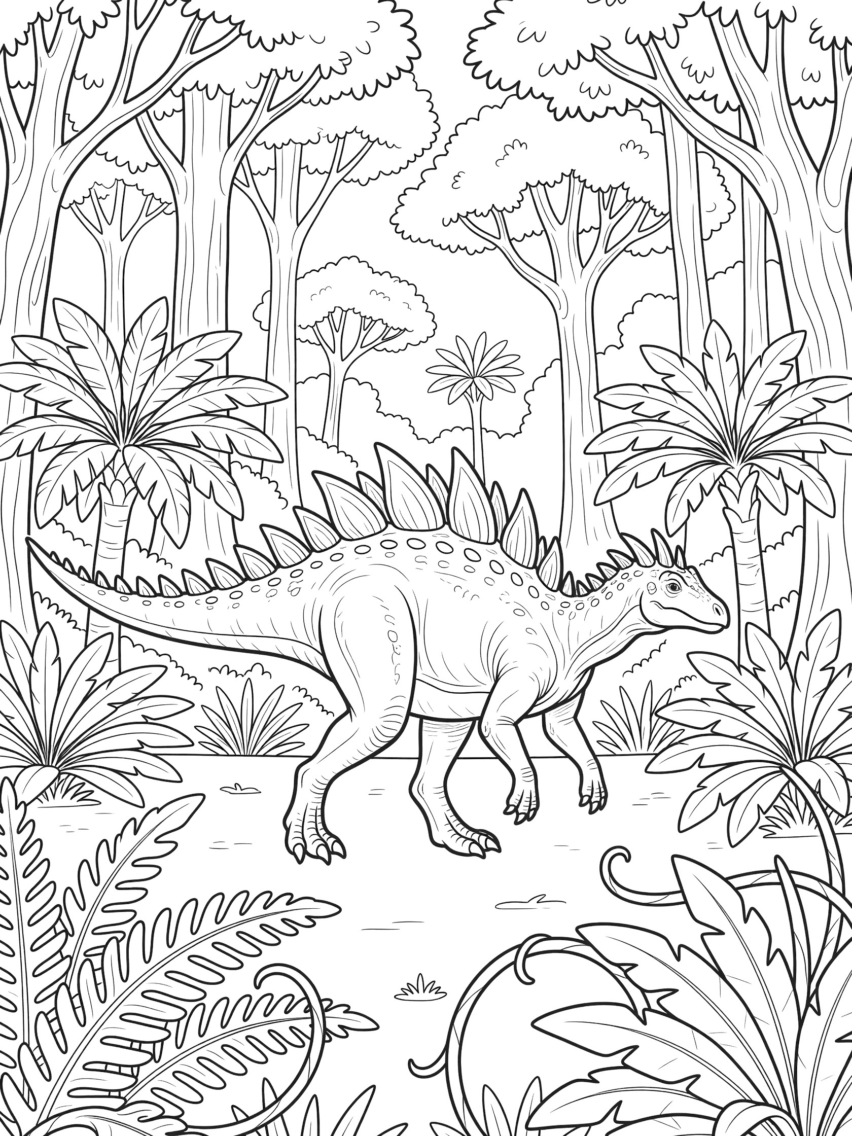 Line art coloring page showing a Kentrosaurus with spikes on its back walking forward in profile through a detailed prehistoric forest with tall ferns, cycads, broad-leaf trees, and vines.