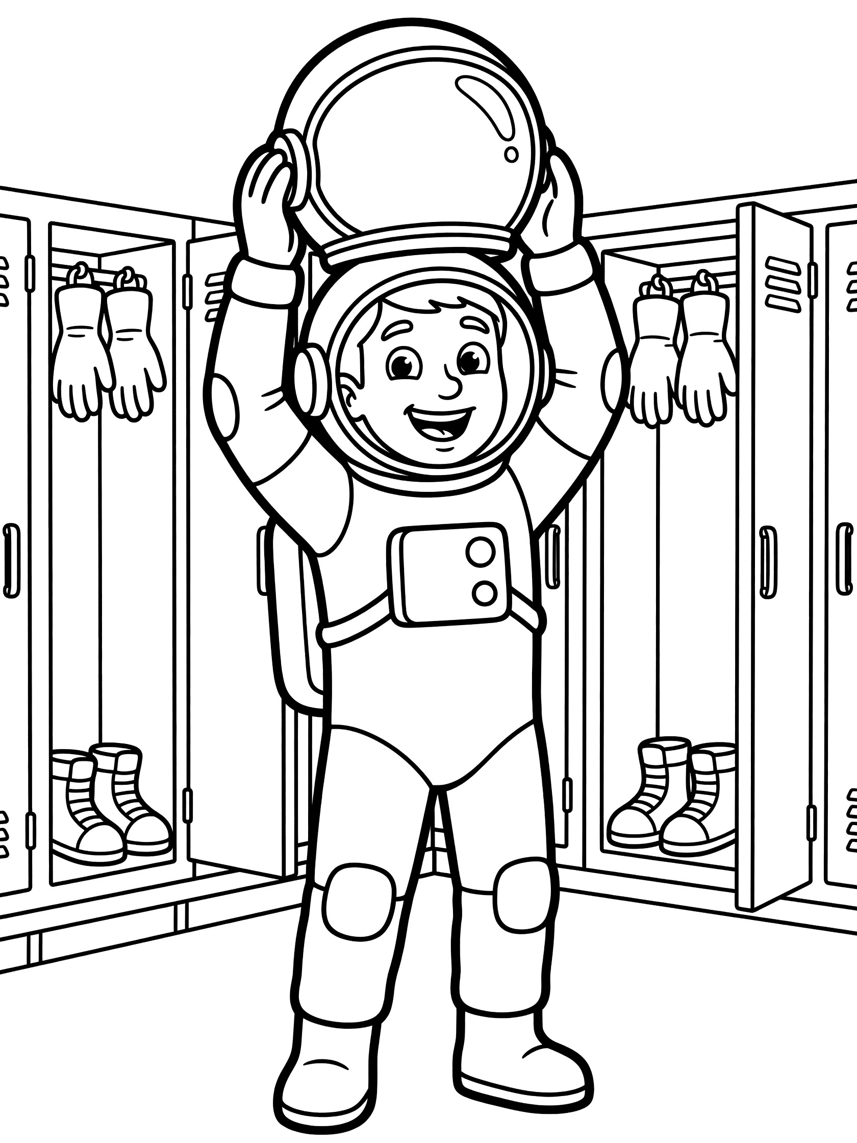 Black and white line art coloring page showing a smiling child astronaut in a spacesuit, holding a large round helmet above their head with both hands, standing between open lockers with gloves and boots inside. Astronaut Getting Ready themed black and white printable line art